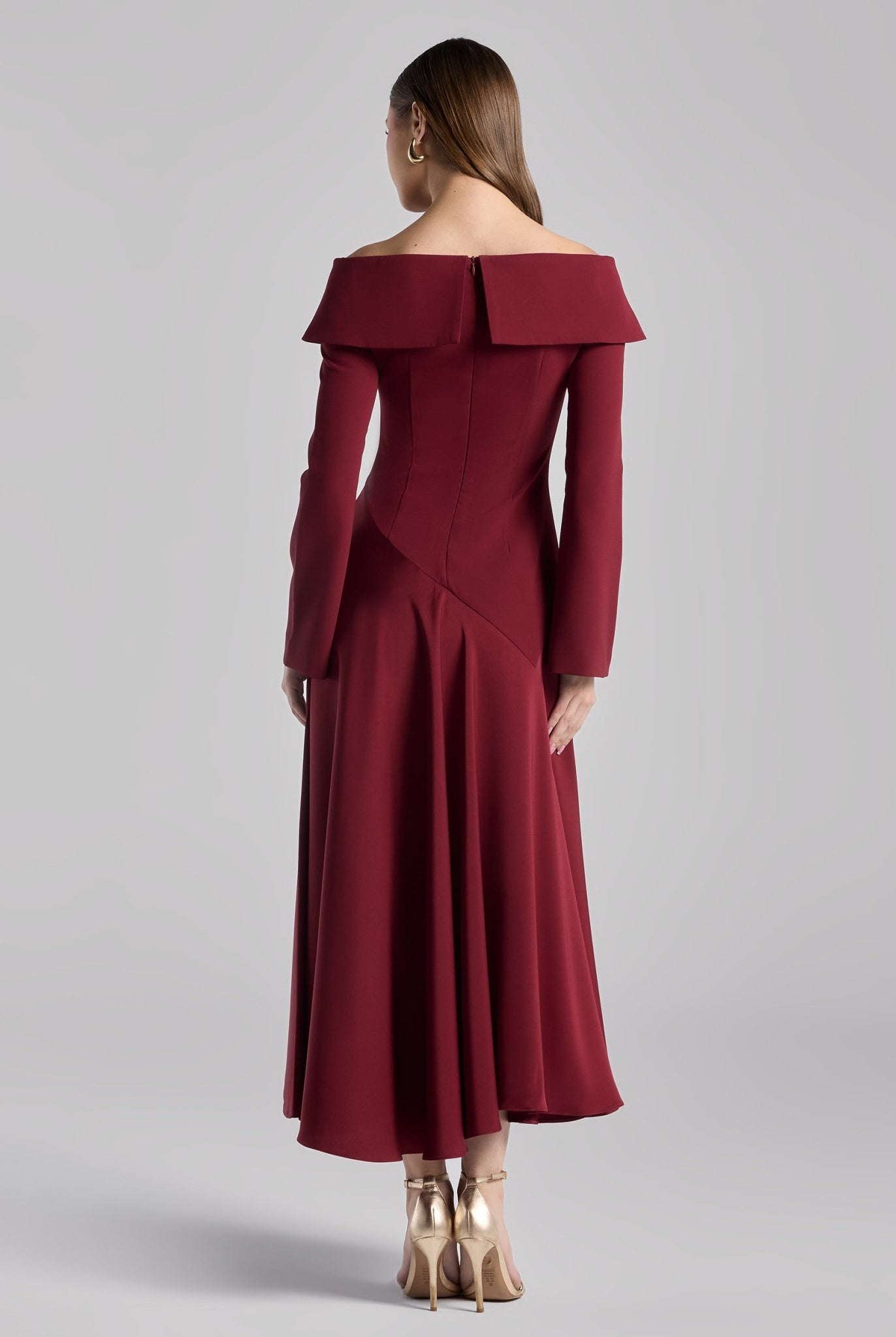 Burgundy Off - Shoulder Asymmetric Crepe Dress - shopaleena