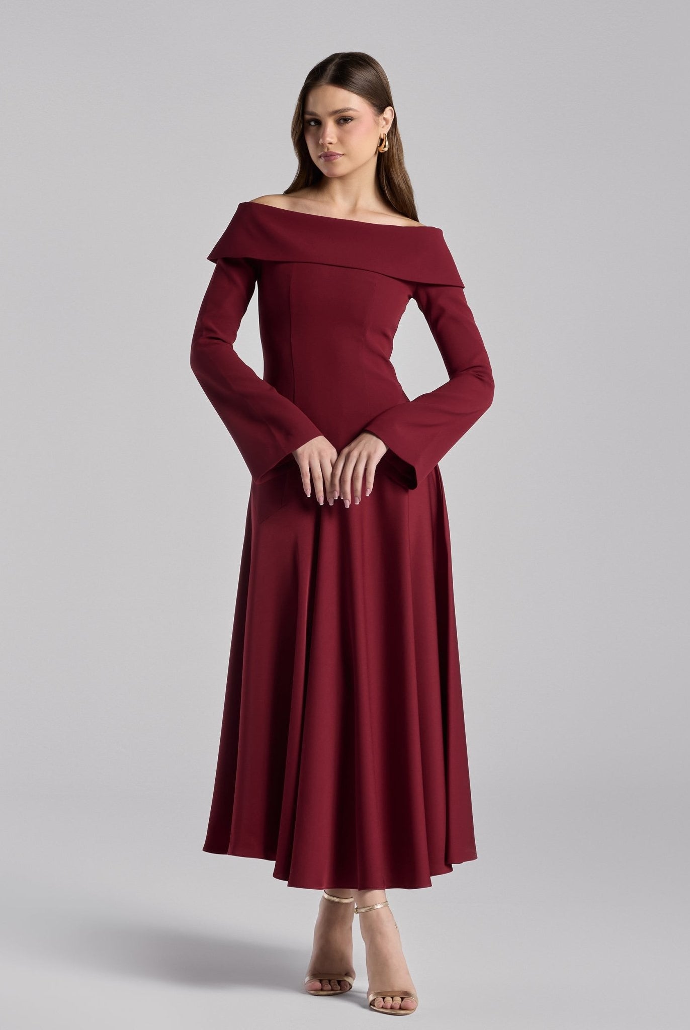 Burgundy Off - Shoulder Asymmetric Crepe Dress - shopaleena