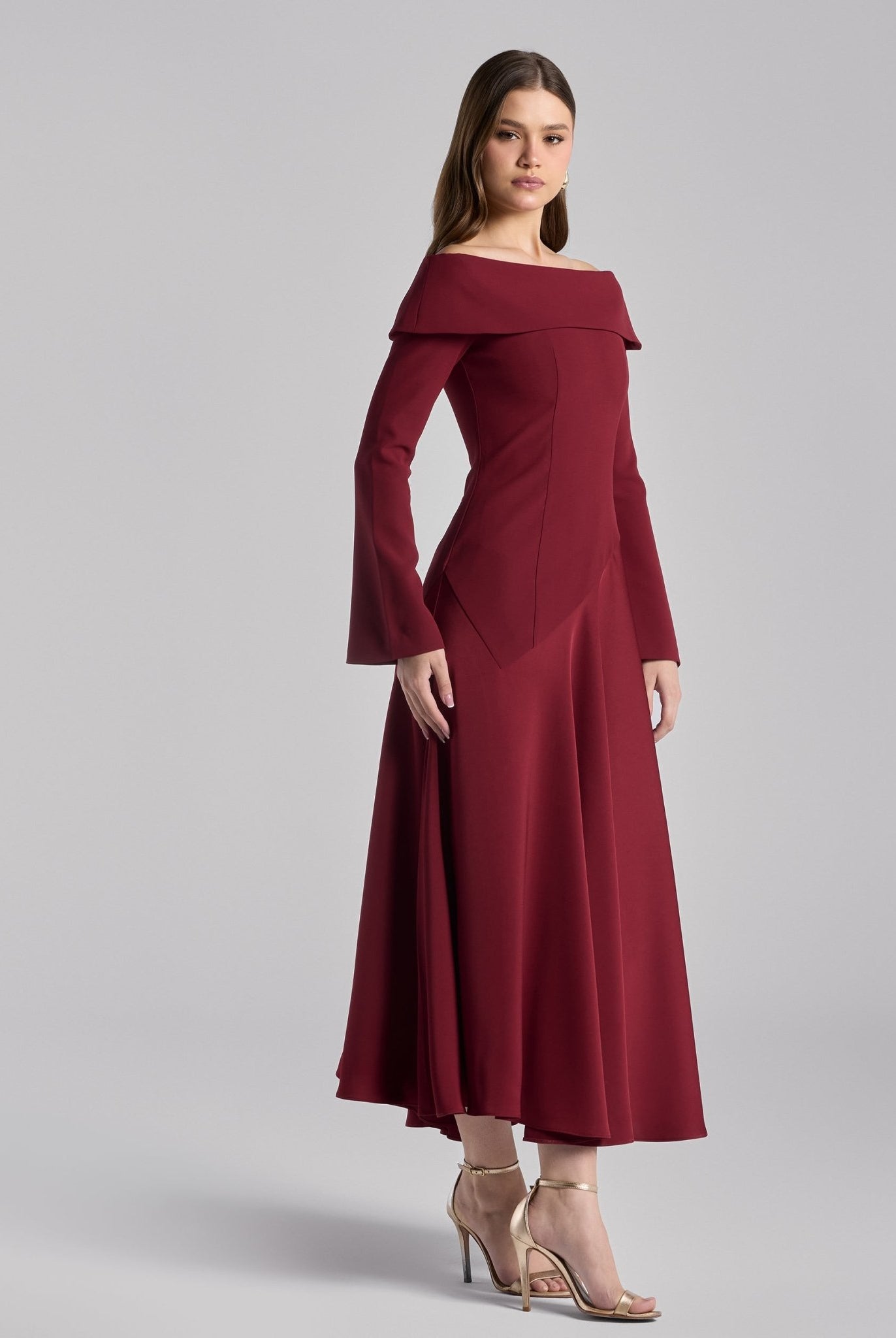 Burgundy Off - Shoulder Asymmetric Crepe Dress - shopaleena