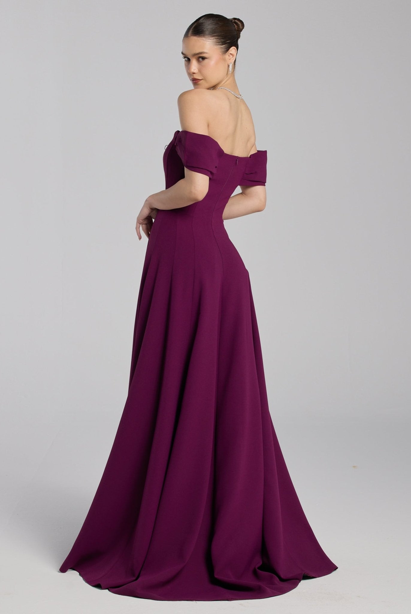 Burgundy Off - Shoulder Crepe Gown - shopaleena