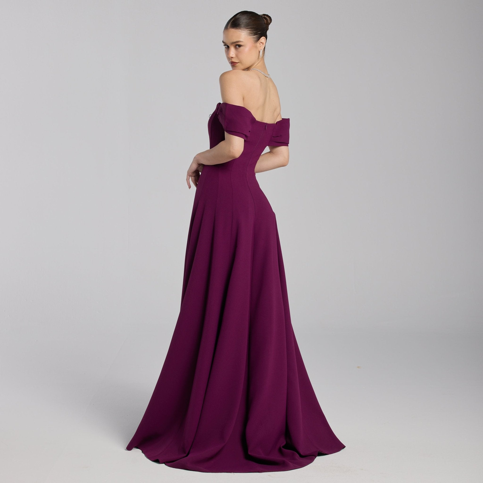 Burgundy Off - Shoulder Crepe Gown - shopaleena