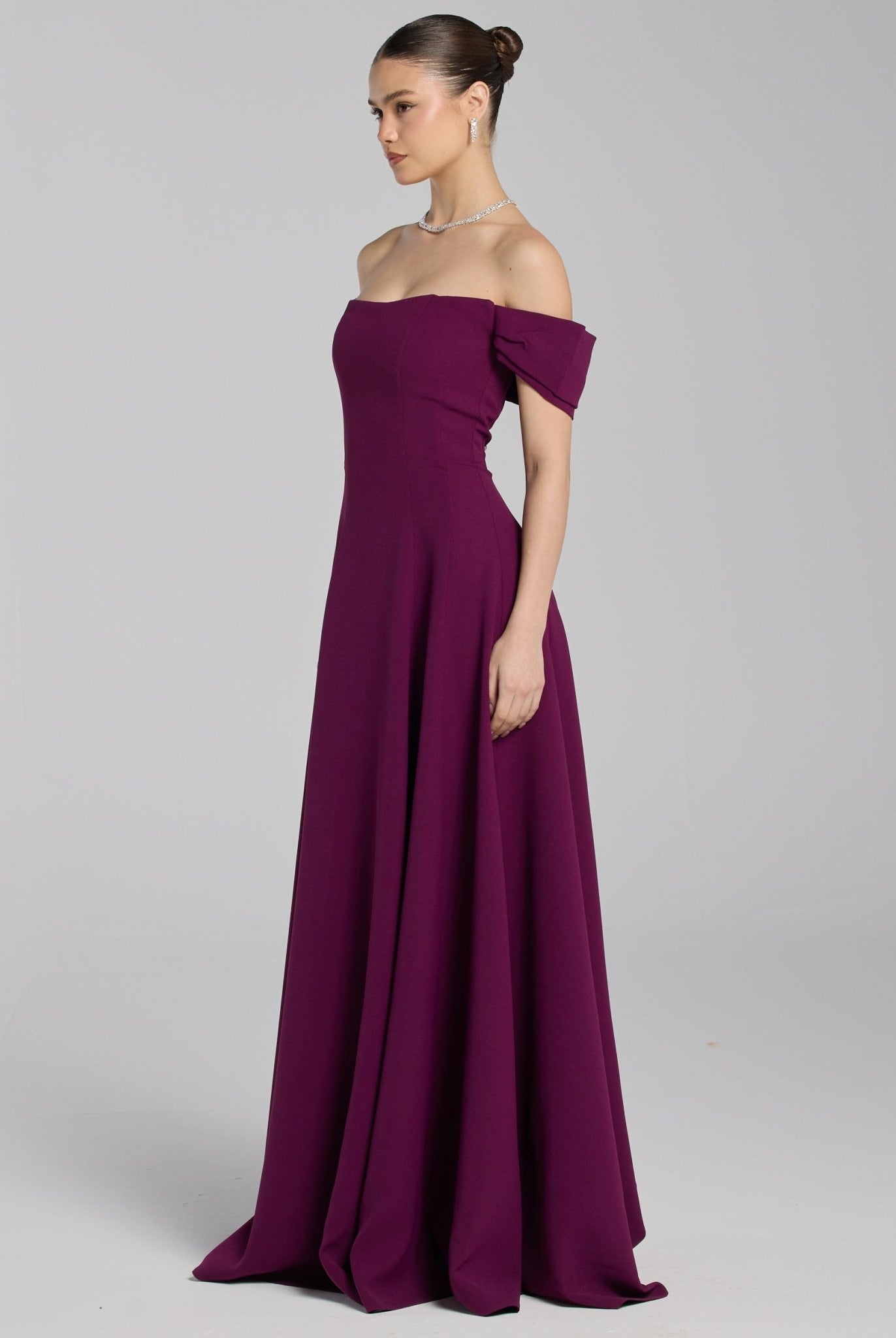 Burgundy Off - Shoulder Crepe Gown - shopaleena