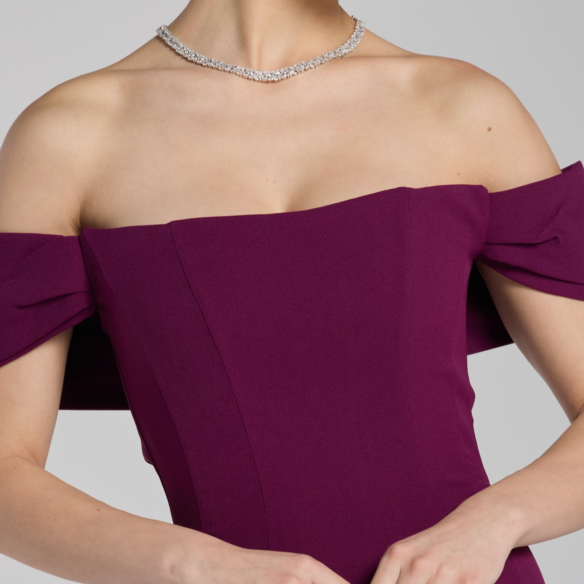 Burgundy Off - Shoulder Crepe Gown - shopaleena