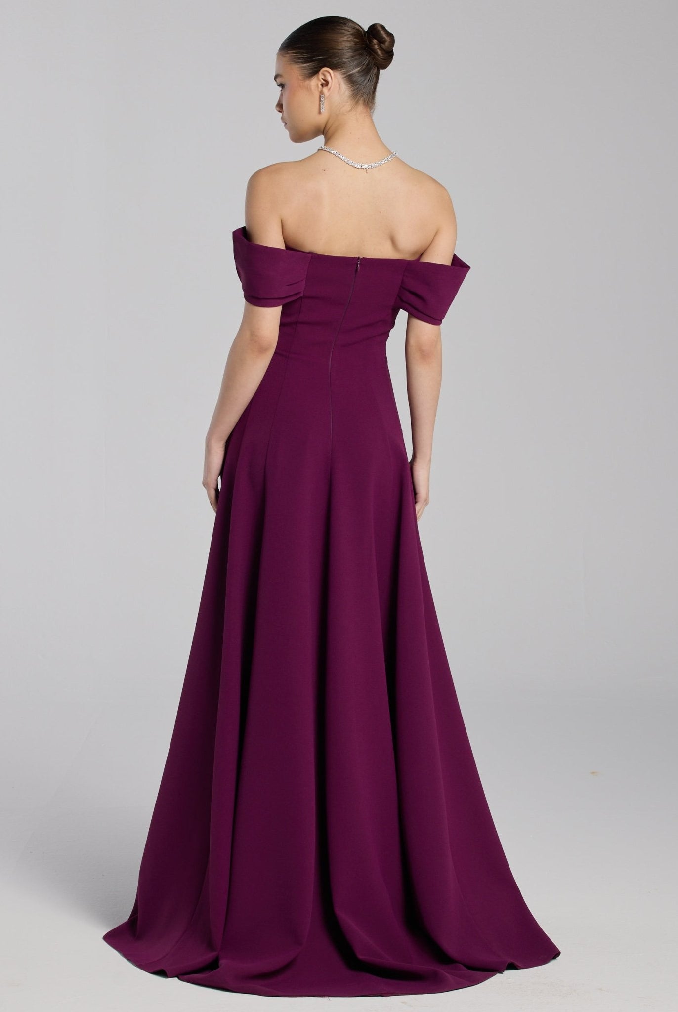 Burgundy Off - Shoulder Crepe Gown - shopaleena