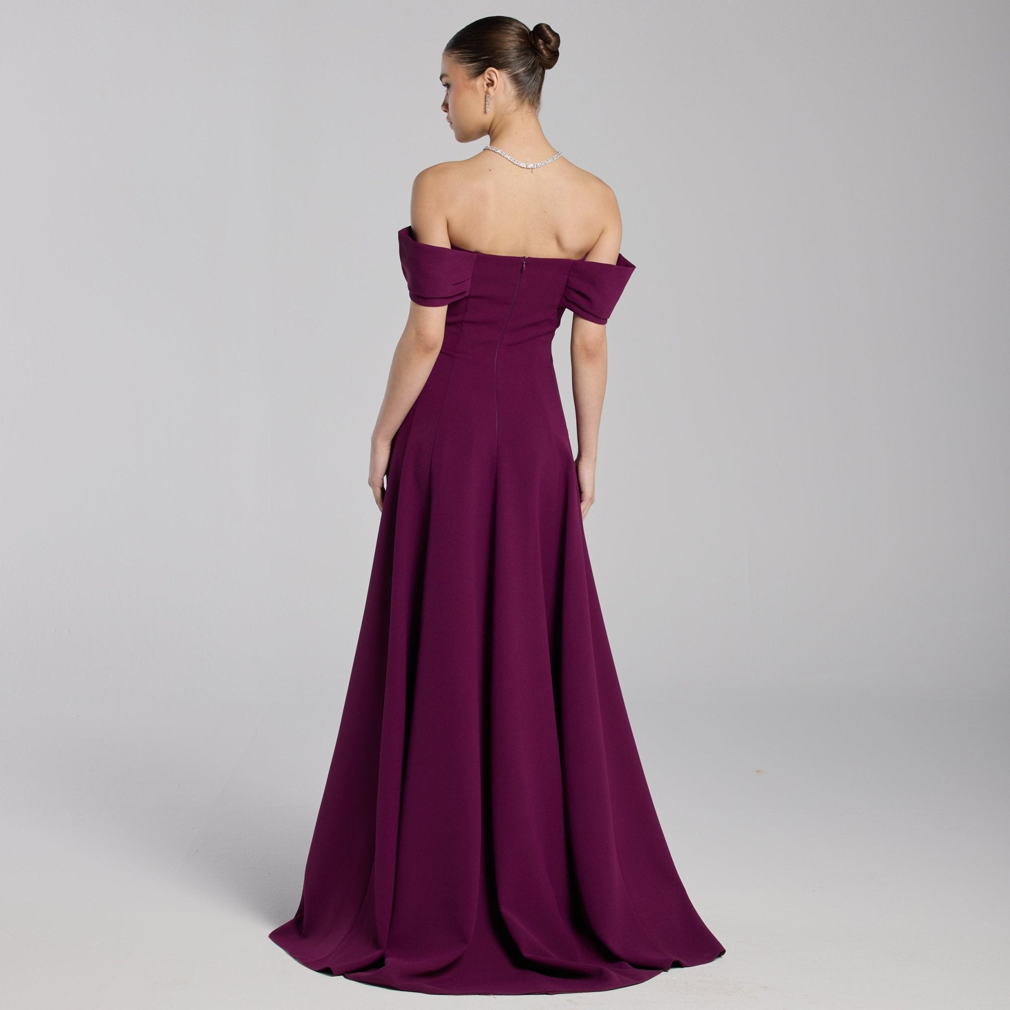 Burgundy Off - Shoulder Crepe Gown - shopaleena