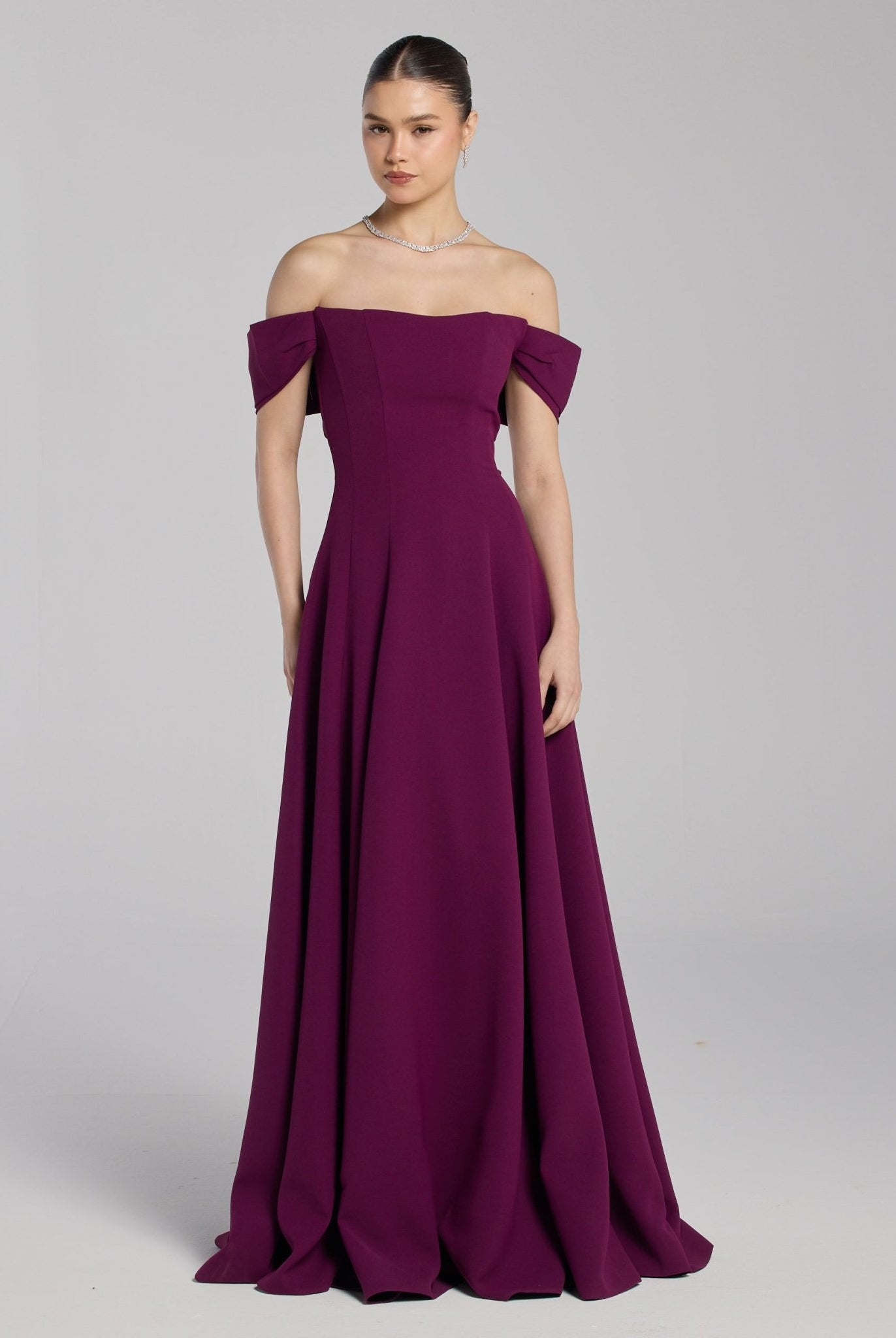 Burgundy Off - Shoulder Crepe Gown - shopaleena