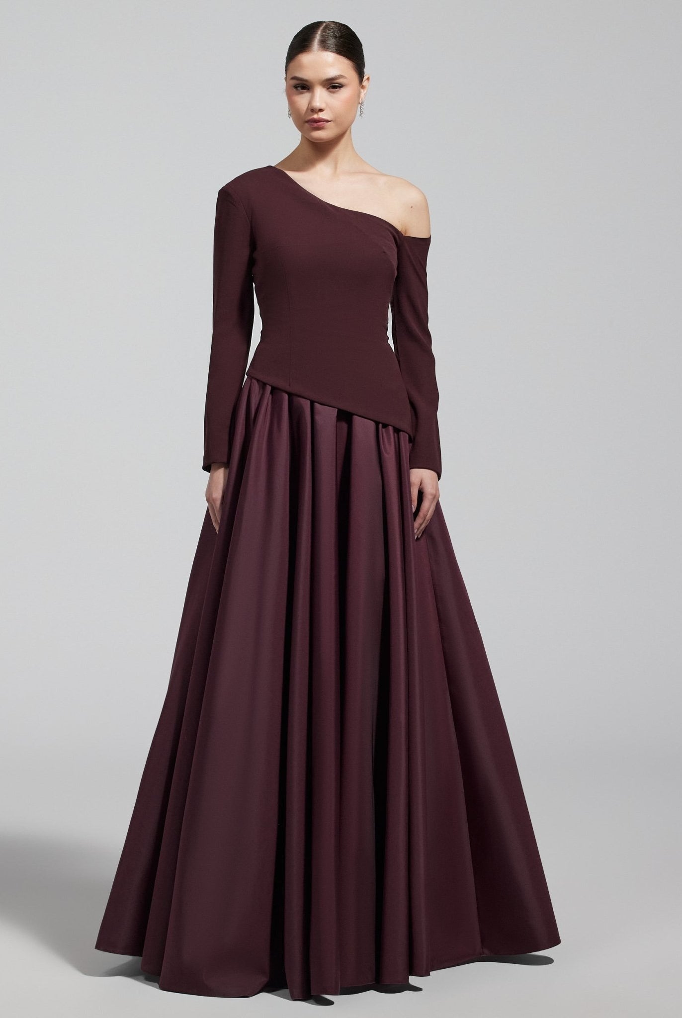 Burgundy Off Shoulder Crepe & Taffeta Ball Gown - shopaleena