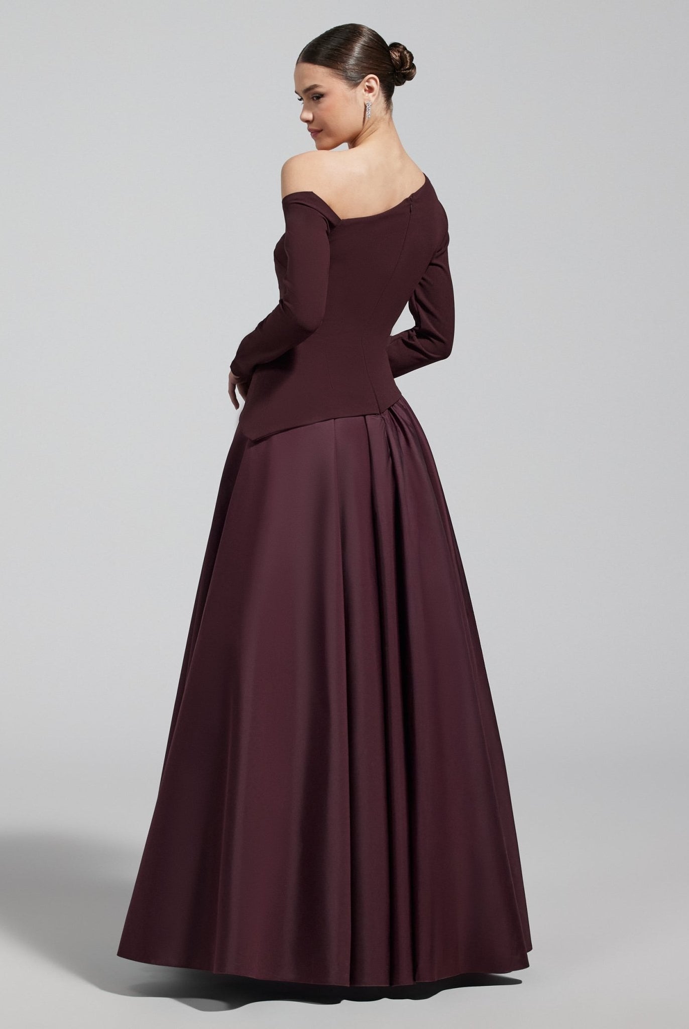 Burgundy Off Shoulder Crepe & Taffeta Ball Gown - shopaleena