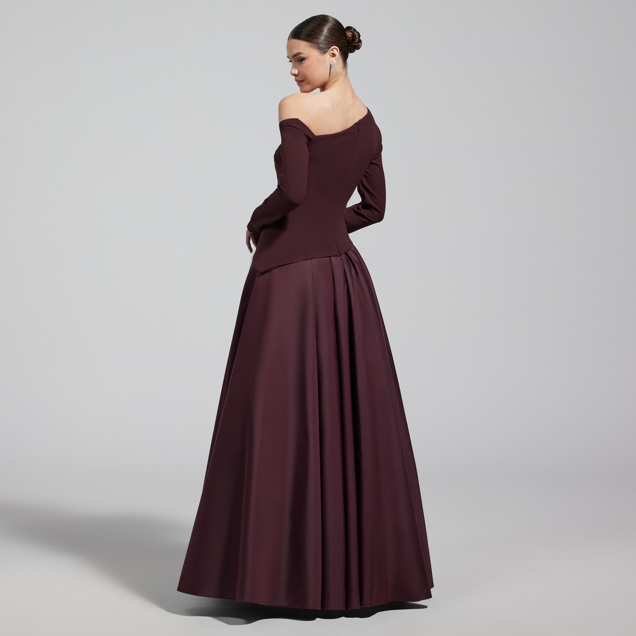 Burgundy Off Shoulder Crepe & Taffeta Ball Gown - shopaleena