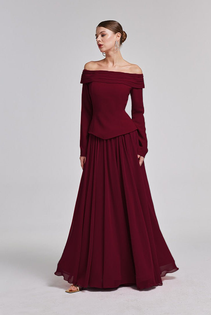 Burgundy Off - Shoulder Long - Sleeve Evening Gown - shopaleena