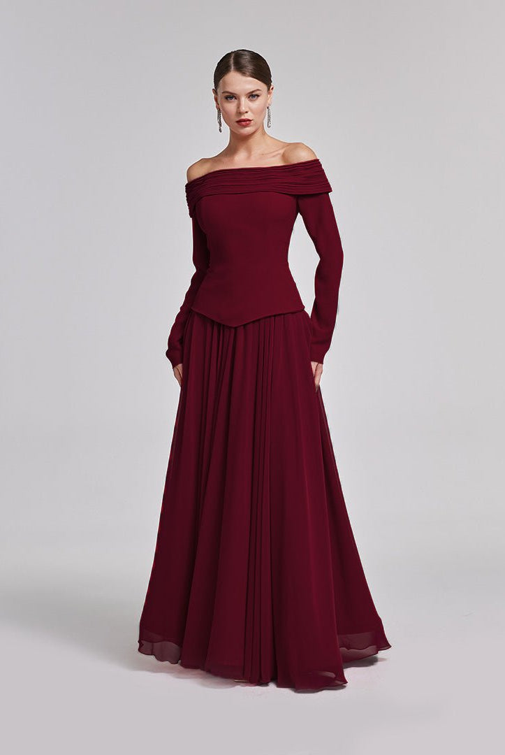 Burgundy Off - Shoulder Long - Sleeve Evening Gown - shopaleena