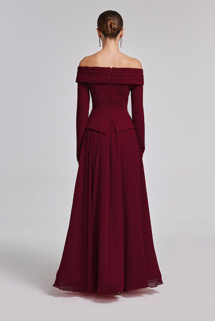 Burgundy Off - Shoulder Long - Sleeve Evening Gown - shopaleena