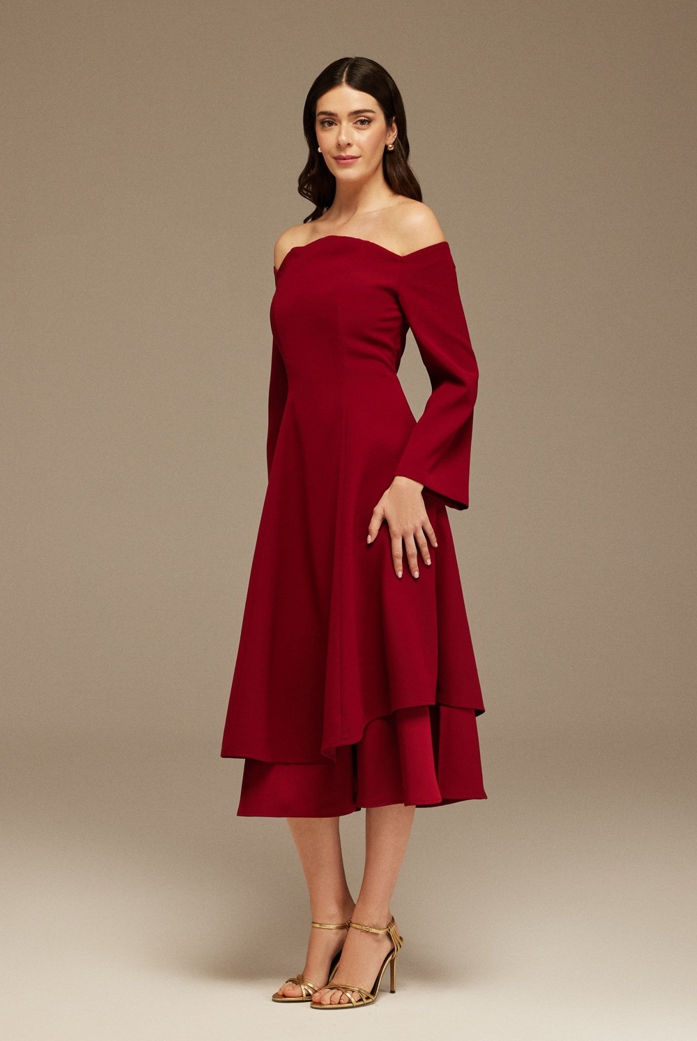 Burgundy Off - Shoulder Midi Dress - shopaleena