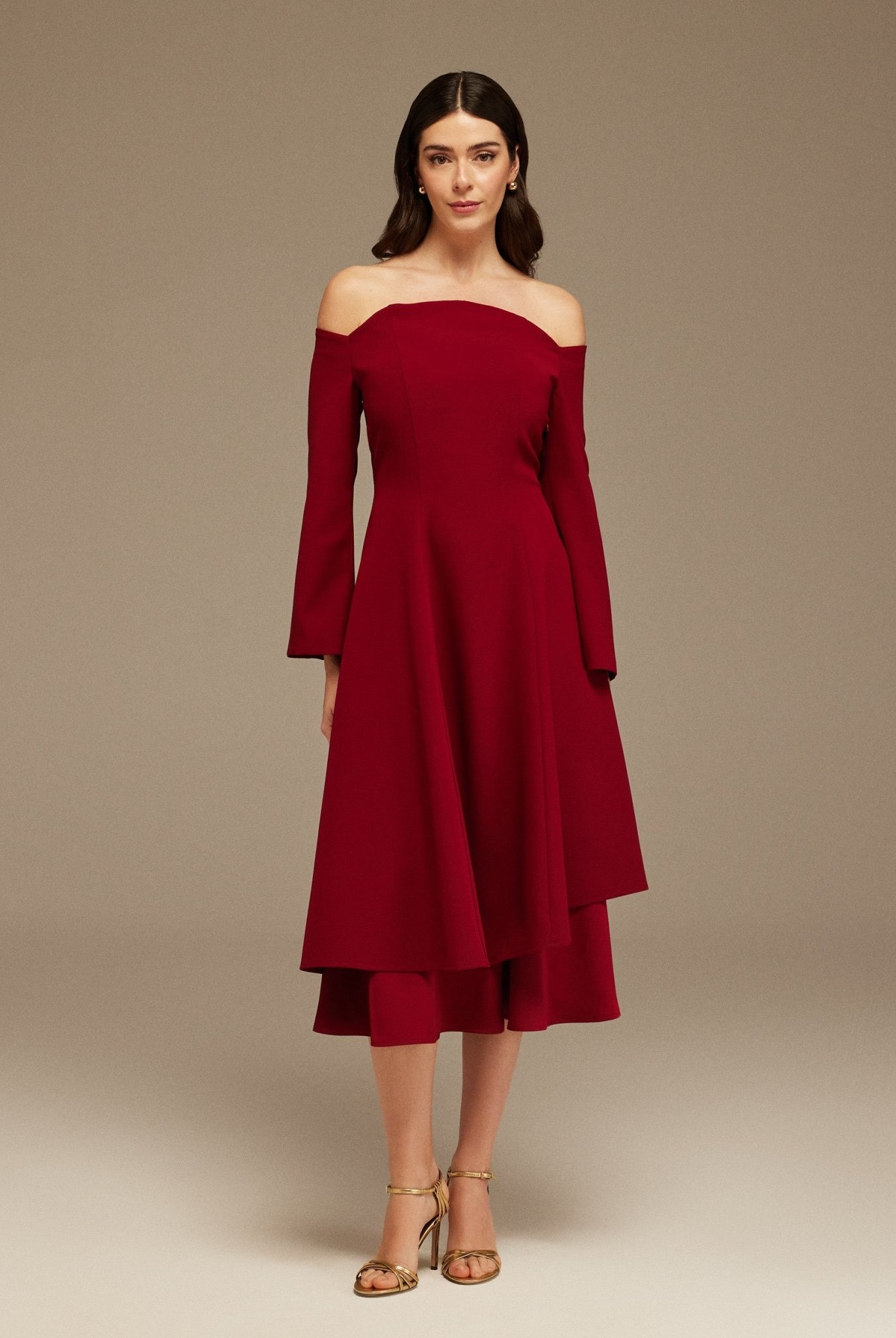 Burgundy Off - Shoulder Midi Dress - shopaleena