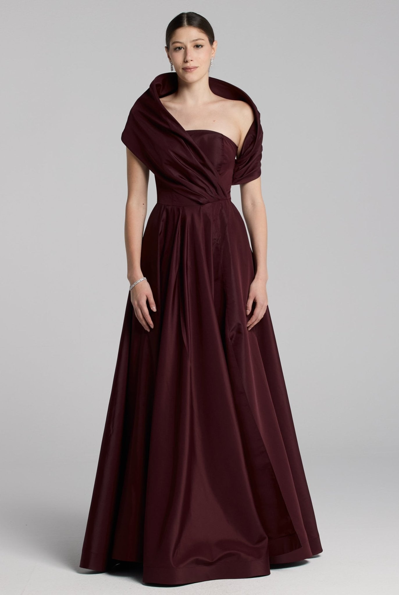 Burgundy Off Shoulder Taffeta Maxi Dress - shopaleena