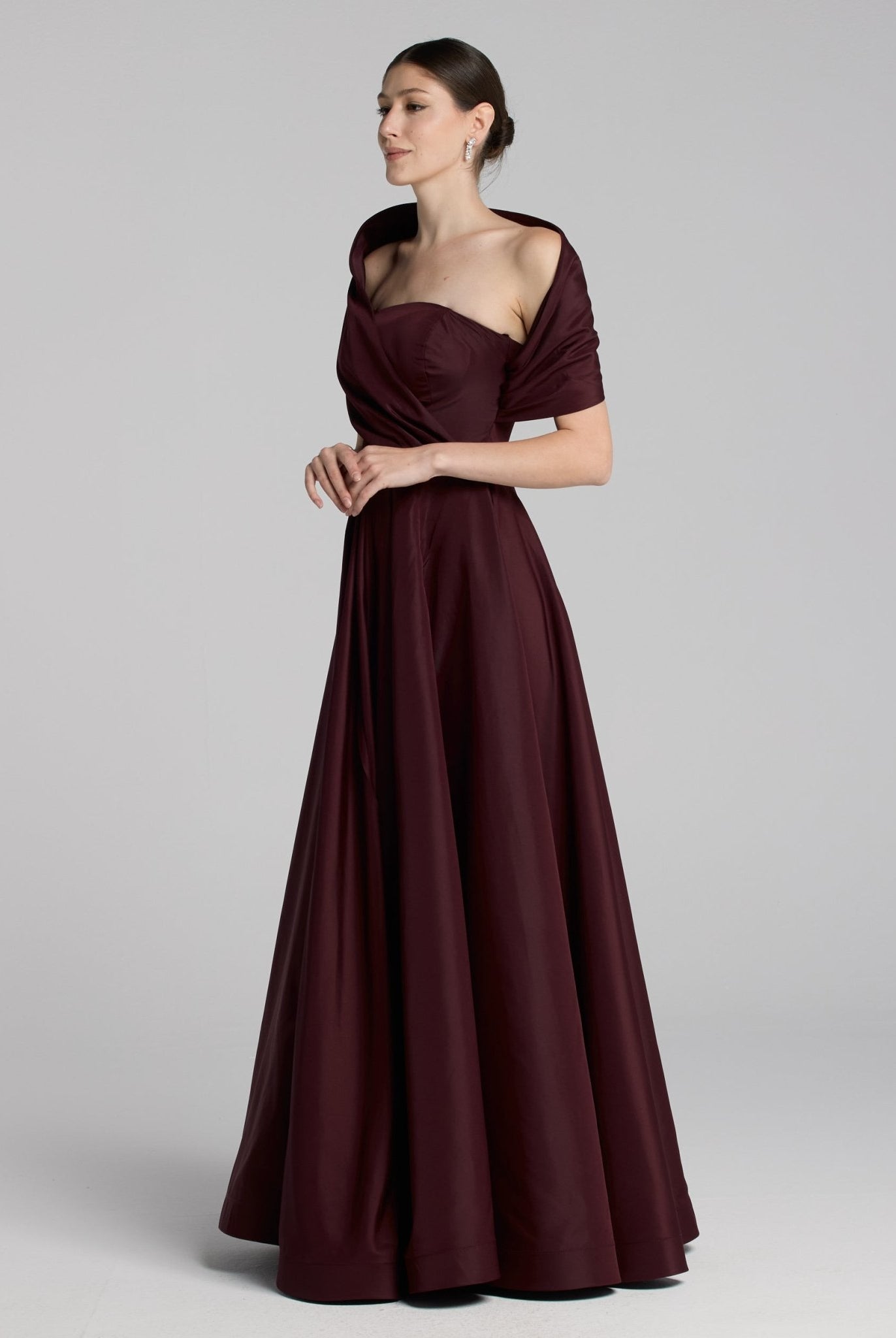 Burgundy Off Shoulder Taffeta Maxi Dress - shopaleena