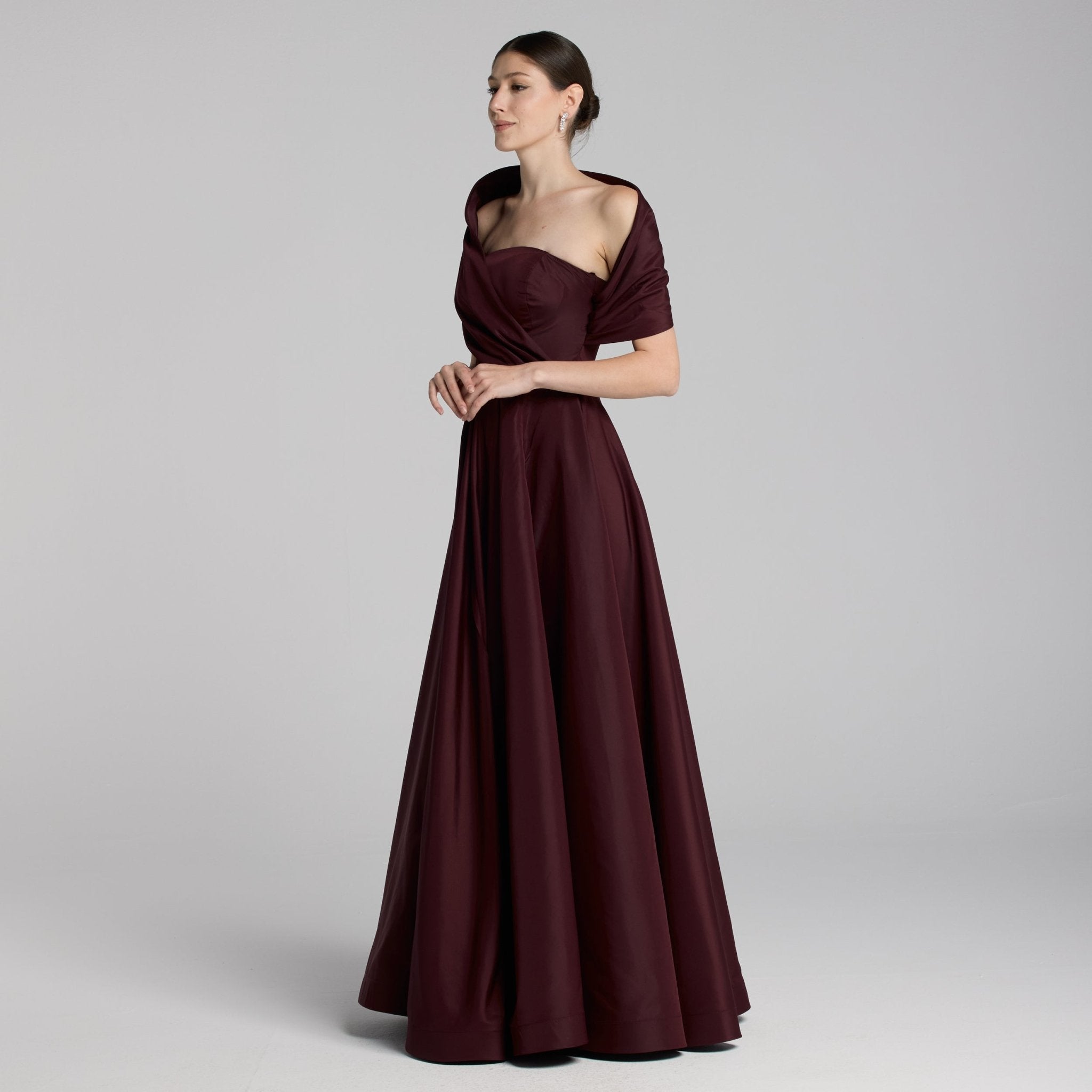 Burgundy Off Shoulder Taffeta Maxi Dress - shopaleena