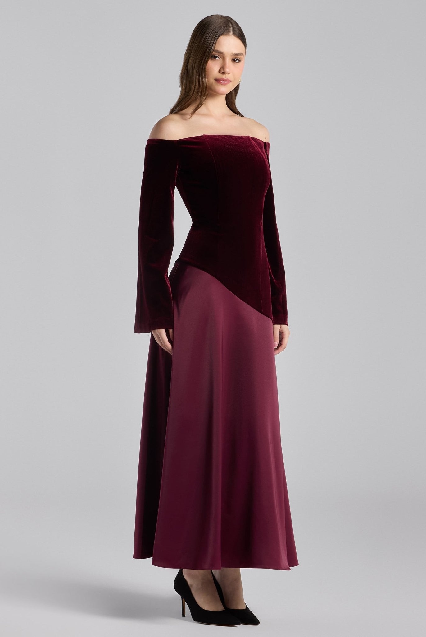 Burgundy Off - Shoulder Velvet & Satin Balloon Sleeve Dress - shopaleena