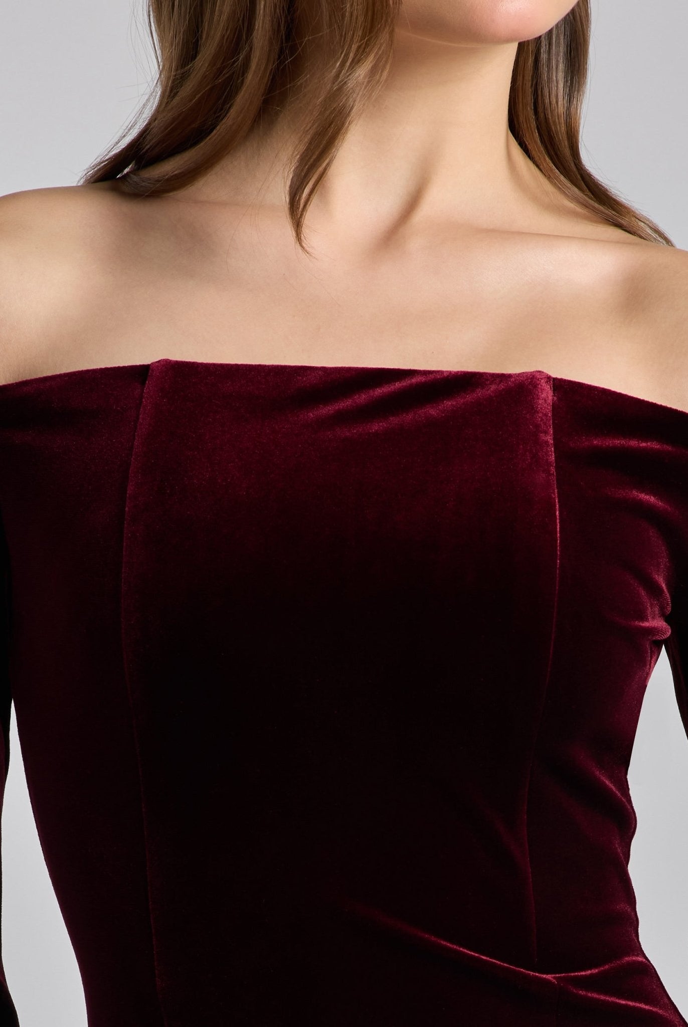 Burgundy Off - Shoulder Velvet & Satin Balloon Sleeve Dress - shopaleena