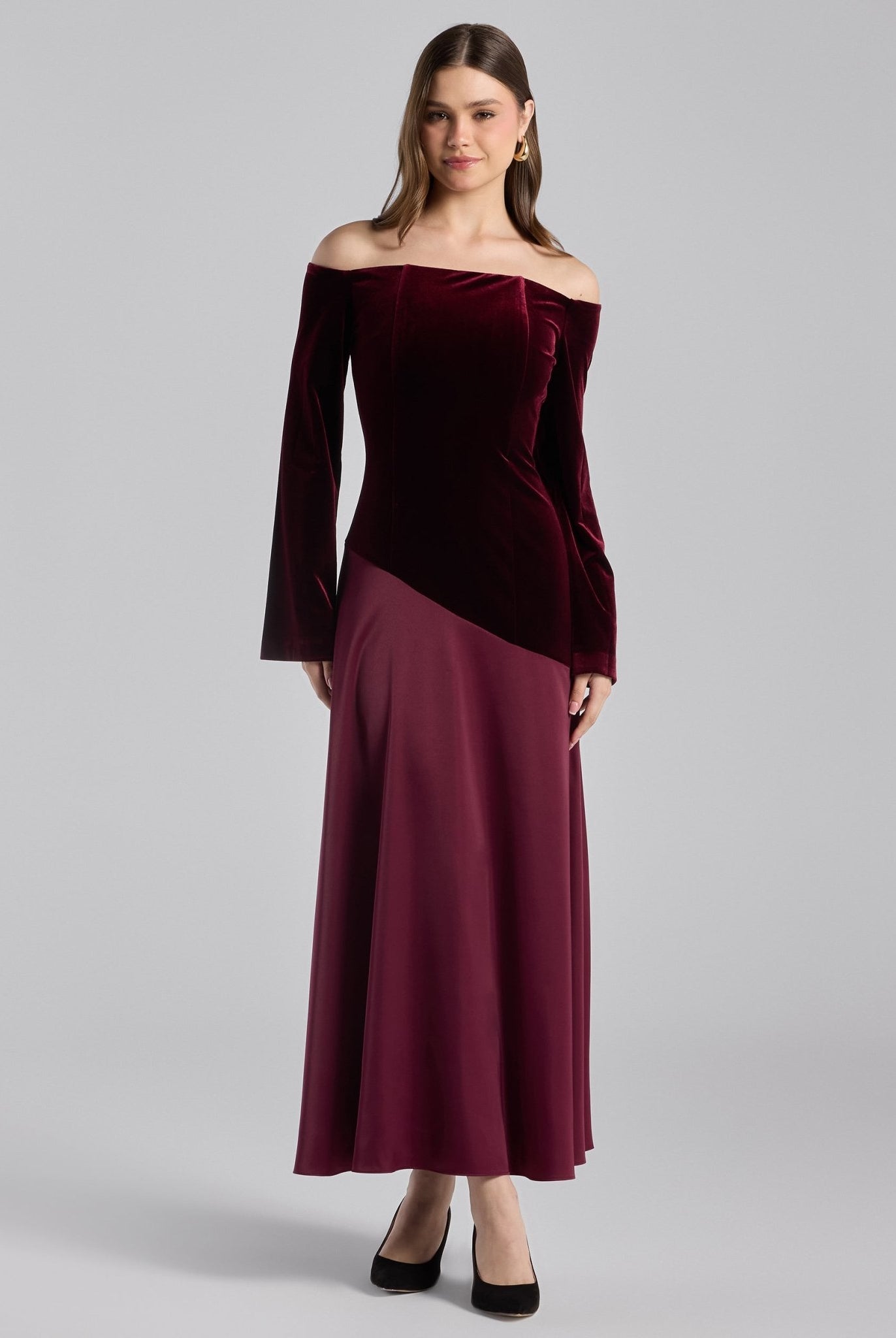 Burgundy Off - Shoulder Velvet & Satin Balloon Sleeve Dress - shopaleena
