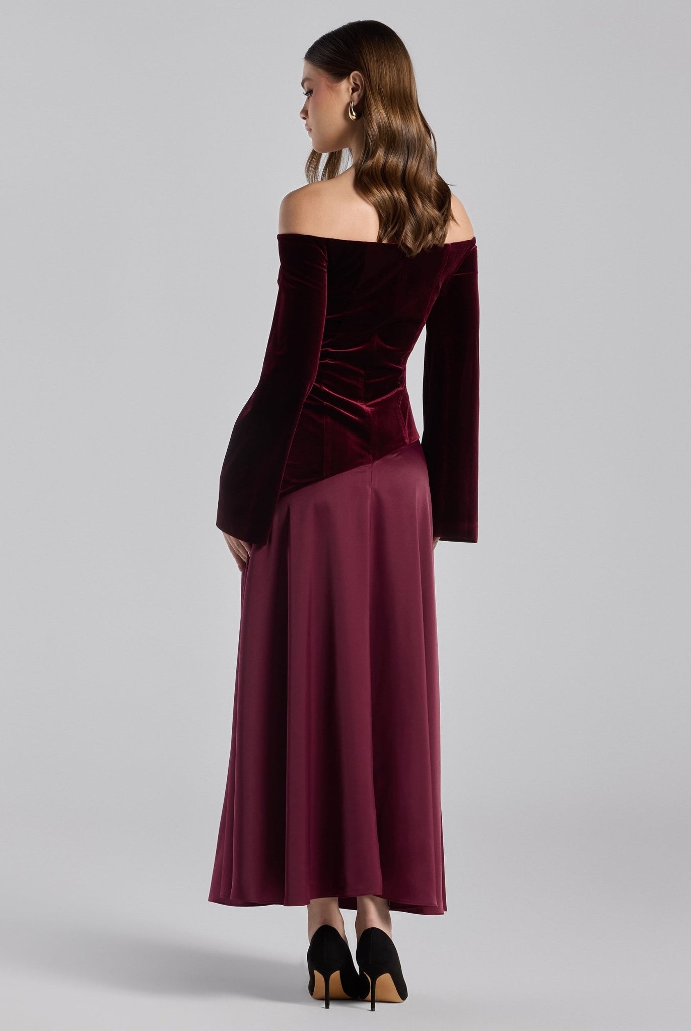 Burgundy Off - Shoulder Velvet & Satin Balloon Sleeve Dress - shopaleena