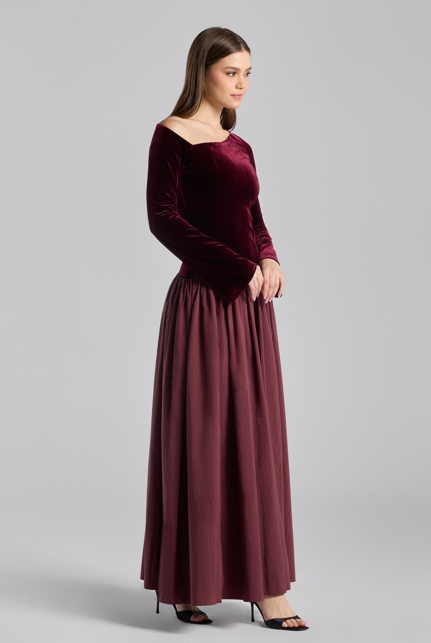 Burgundy Off Shoulder Velvet - Taffeta Maxi Dress - shopaleena