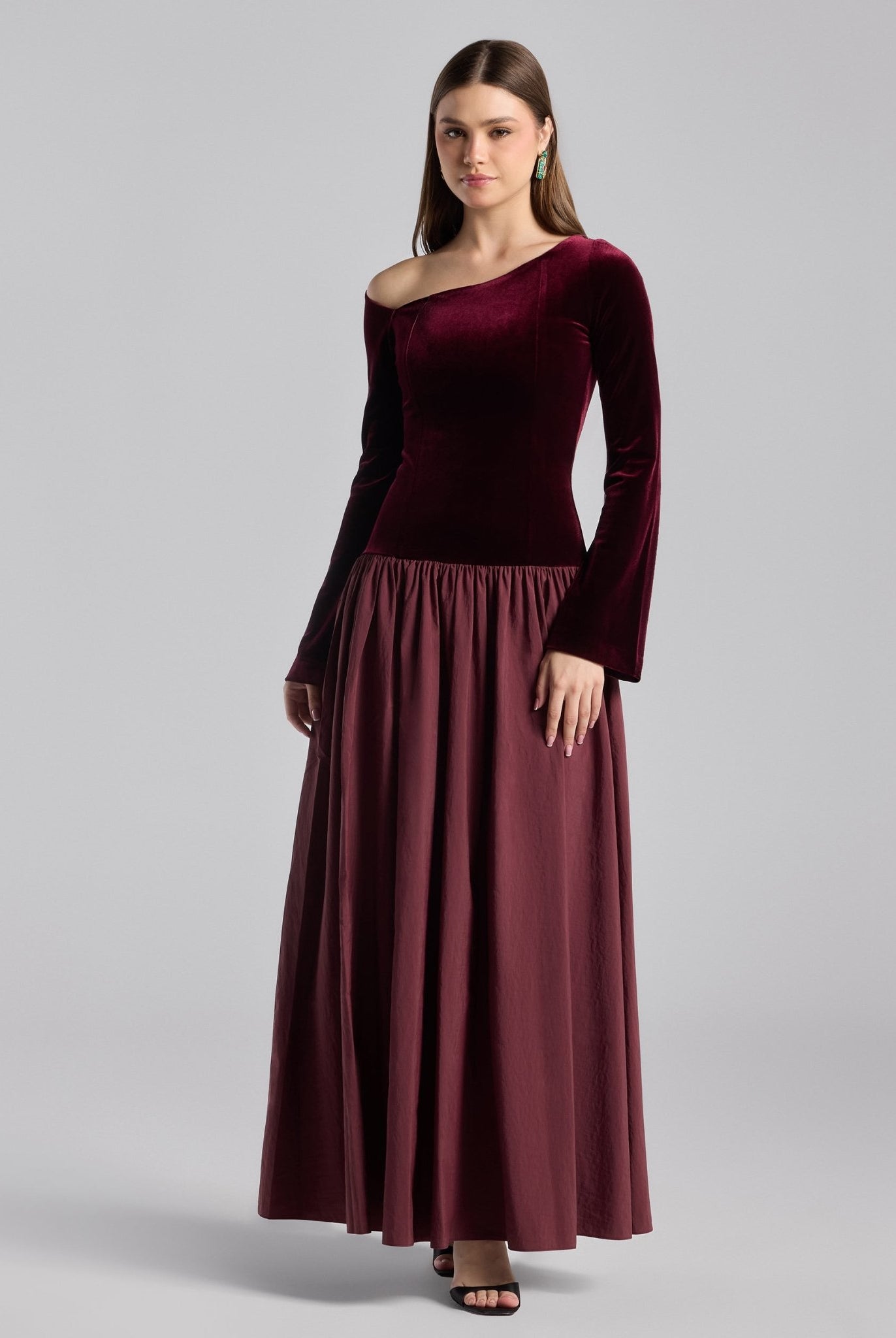 Burgundy Off Shoulder Velvet - Taffeta Maxi Dress - shopaleena