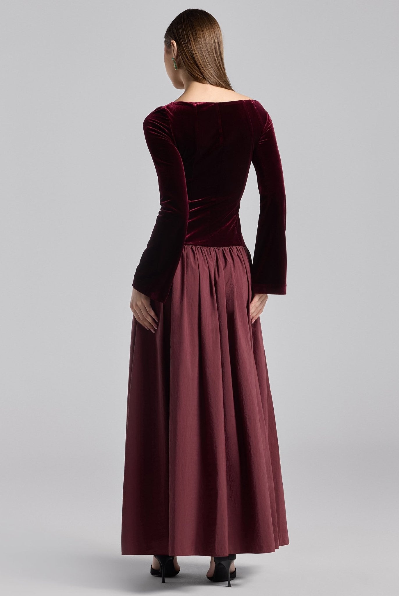 Burgundy Off Shoulder Velvet - Taffeta Maxi Dress - shopaleena