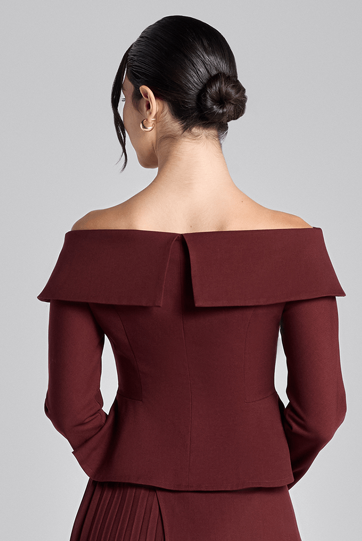 Burgundy Off - Shoulder Wool Peplum Top - shopaleena