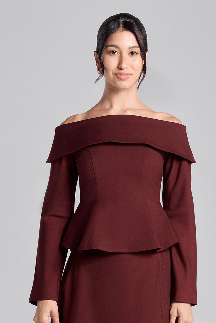 Burgundy Off - Shoulder Wool Peplum Top - shopaleena