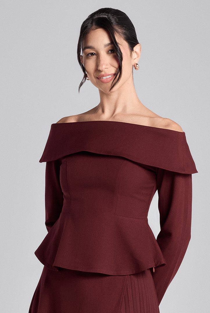 Burgundy Off - Shoulder Wool Peplum Top - shopaleena