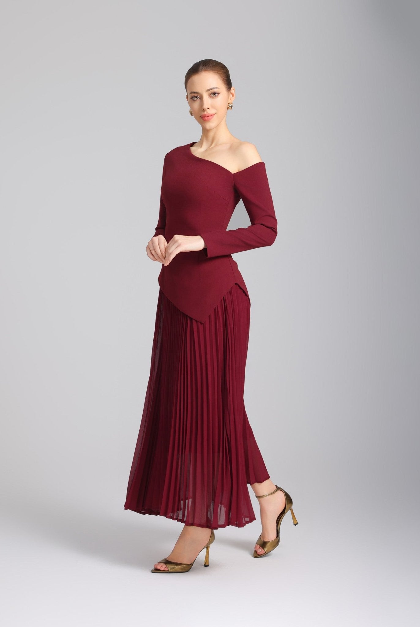 Burgundy One - shoulder Crepe Dress With Pleated Skirt - shopaleena