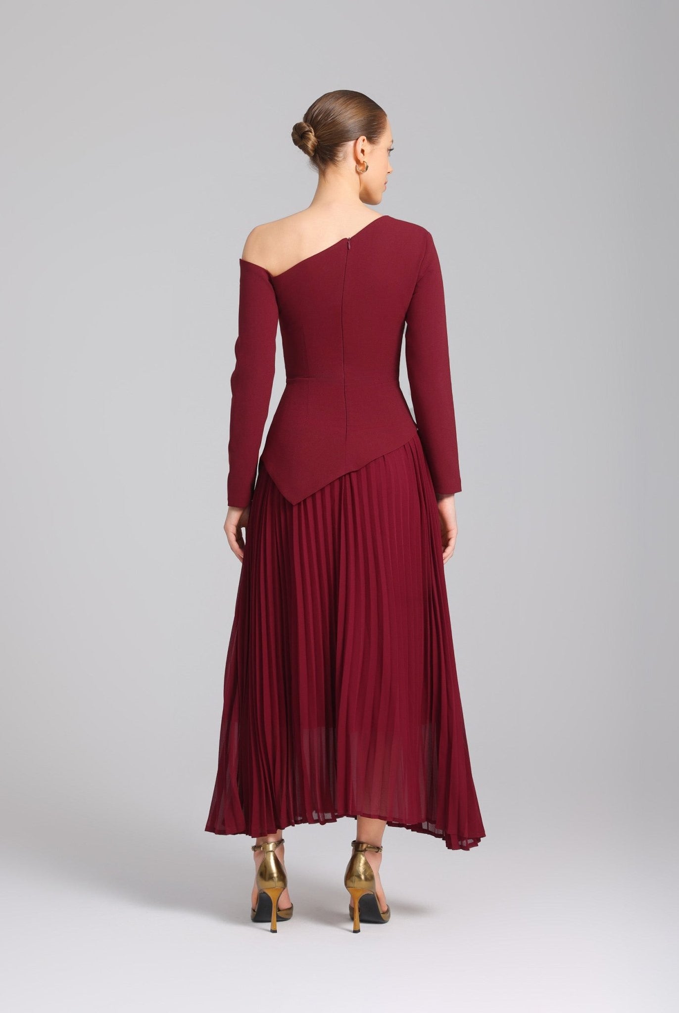 Burgundy One - shoulder Crepe Dress With Pleated Skirt - shopaleena