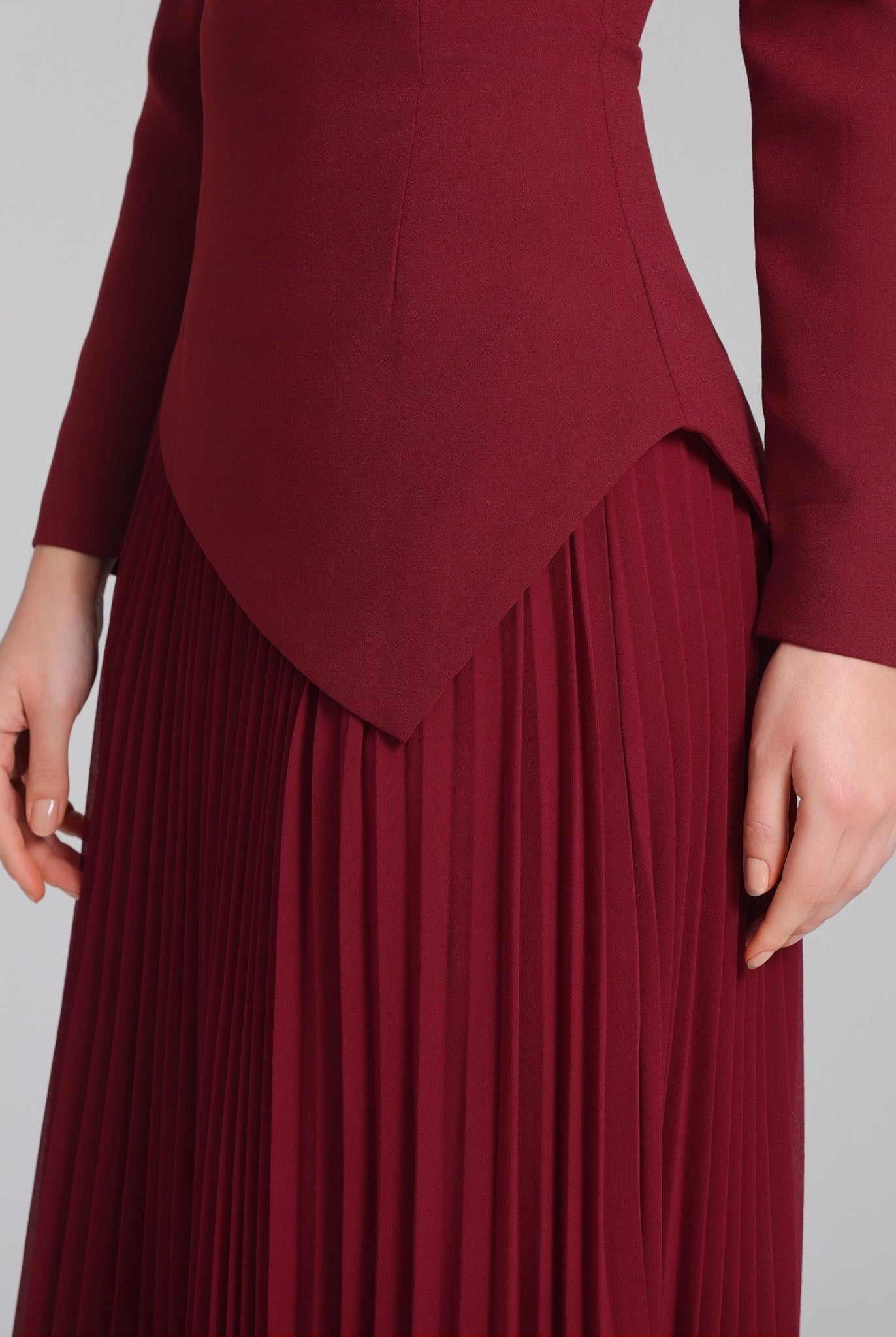 Burgundy One - shoulder Crepe Dress With Pleated Skirt - shopaleena