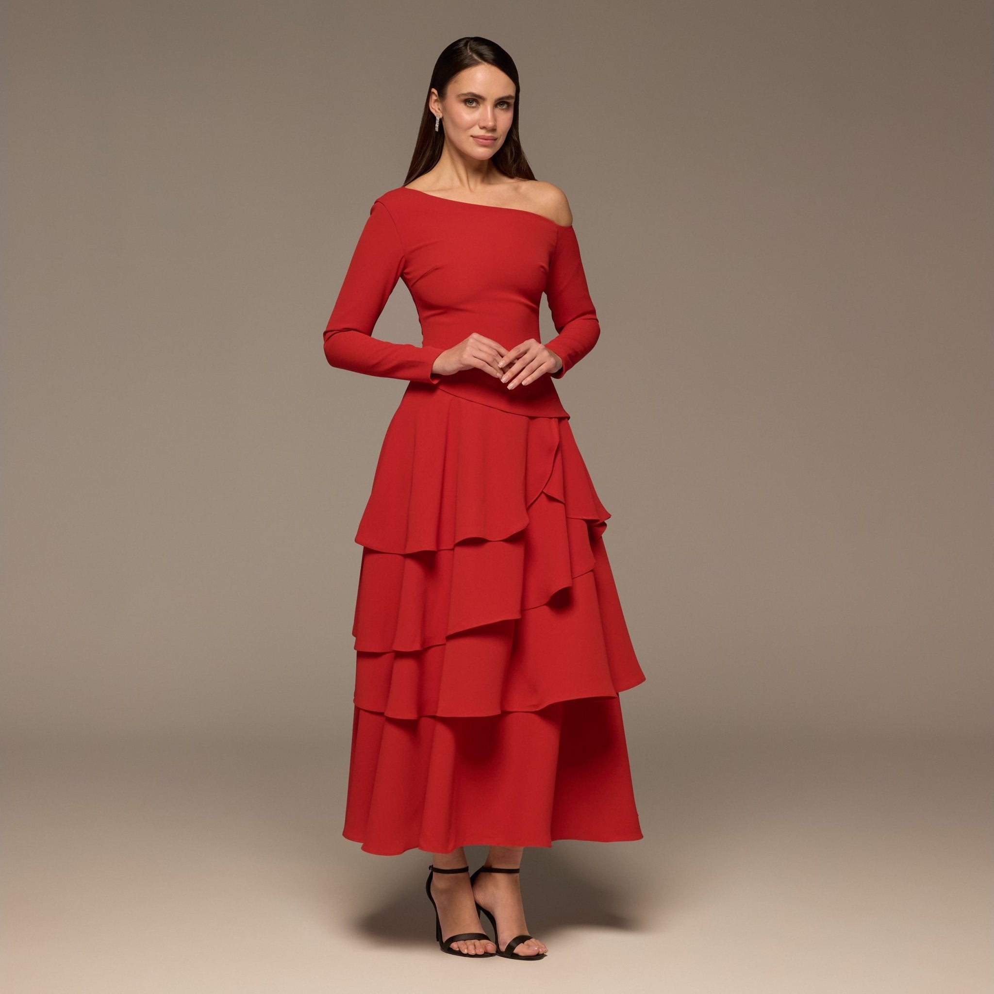 Burgundy One - Shoulder Tiered Ruffle Dress - shopaleena