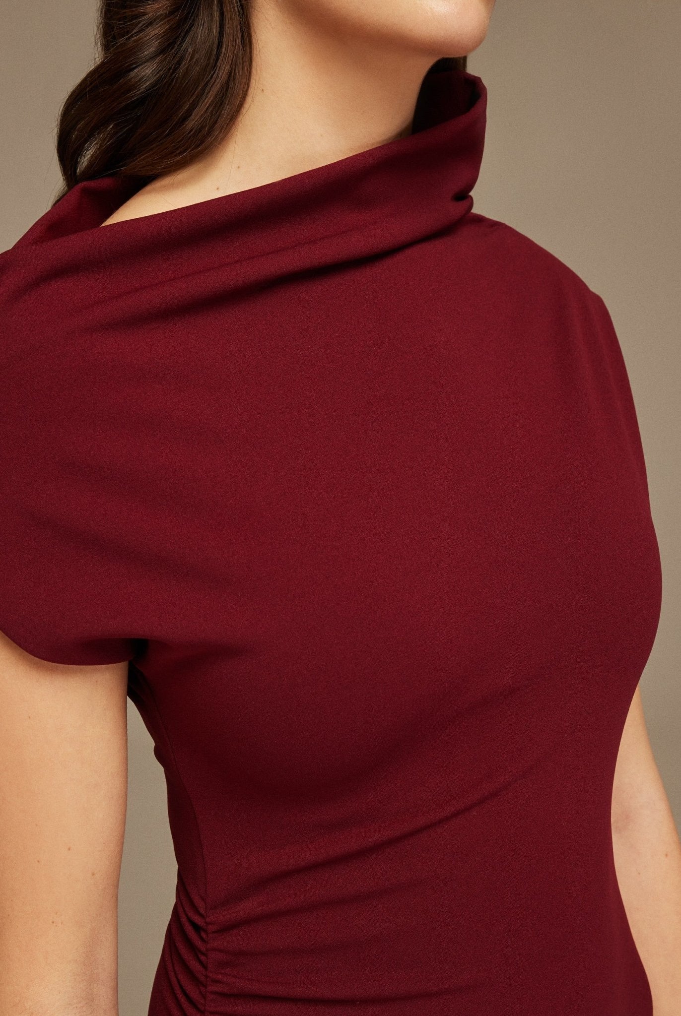 Burgundy & Pink Asymmetric Neckline Midi Dress with Pleats - shopaleena