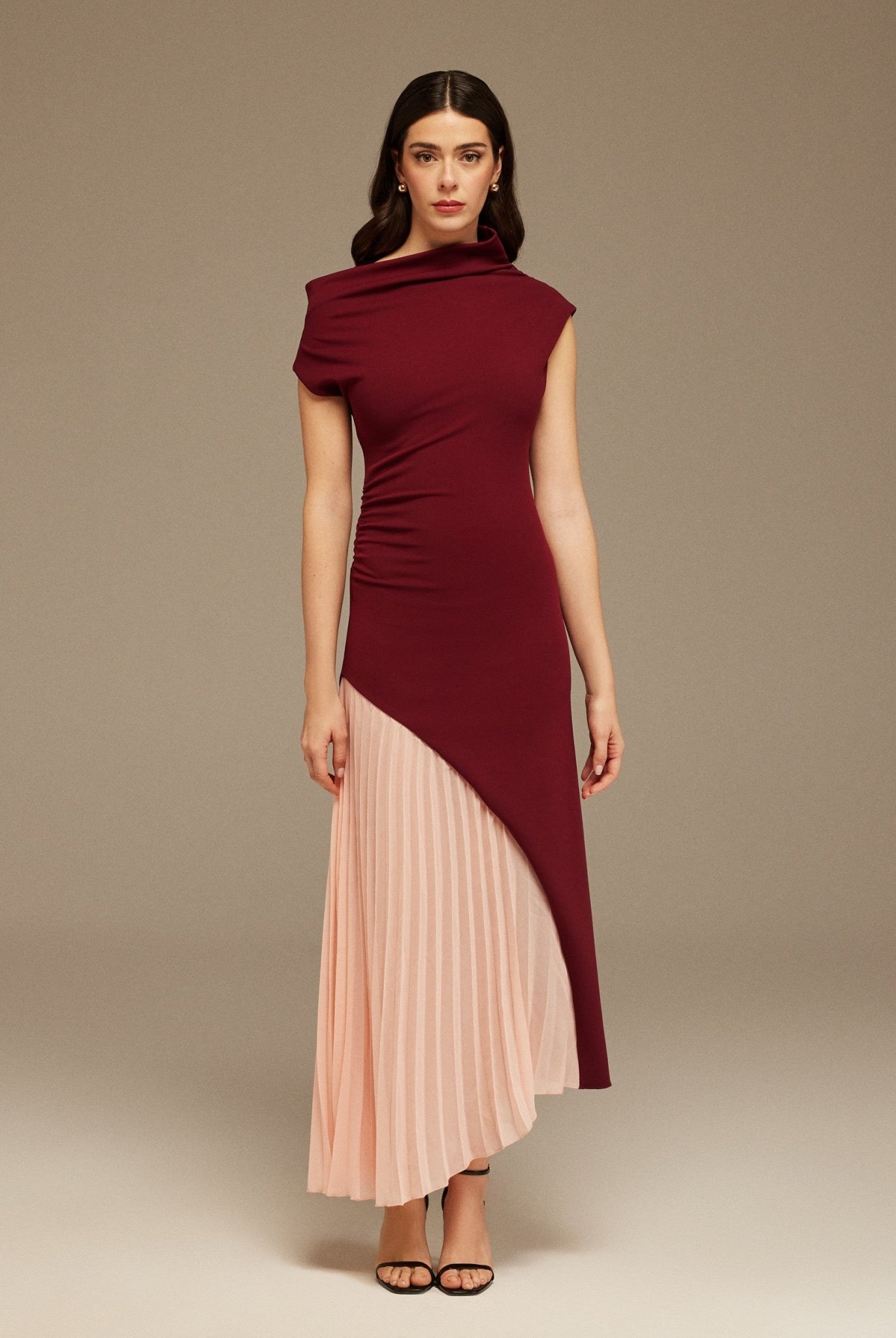 Burgundy & Pink Asymmetric Neckline Midi Dress with Pleats - shopaleena