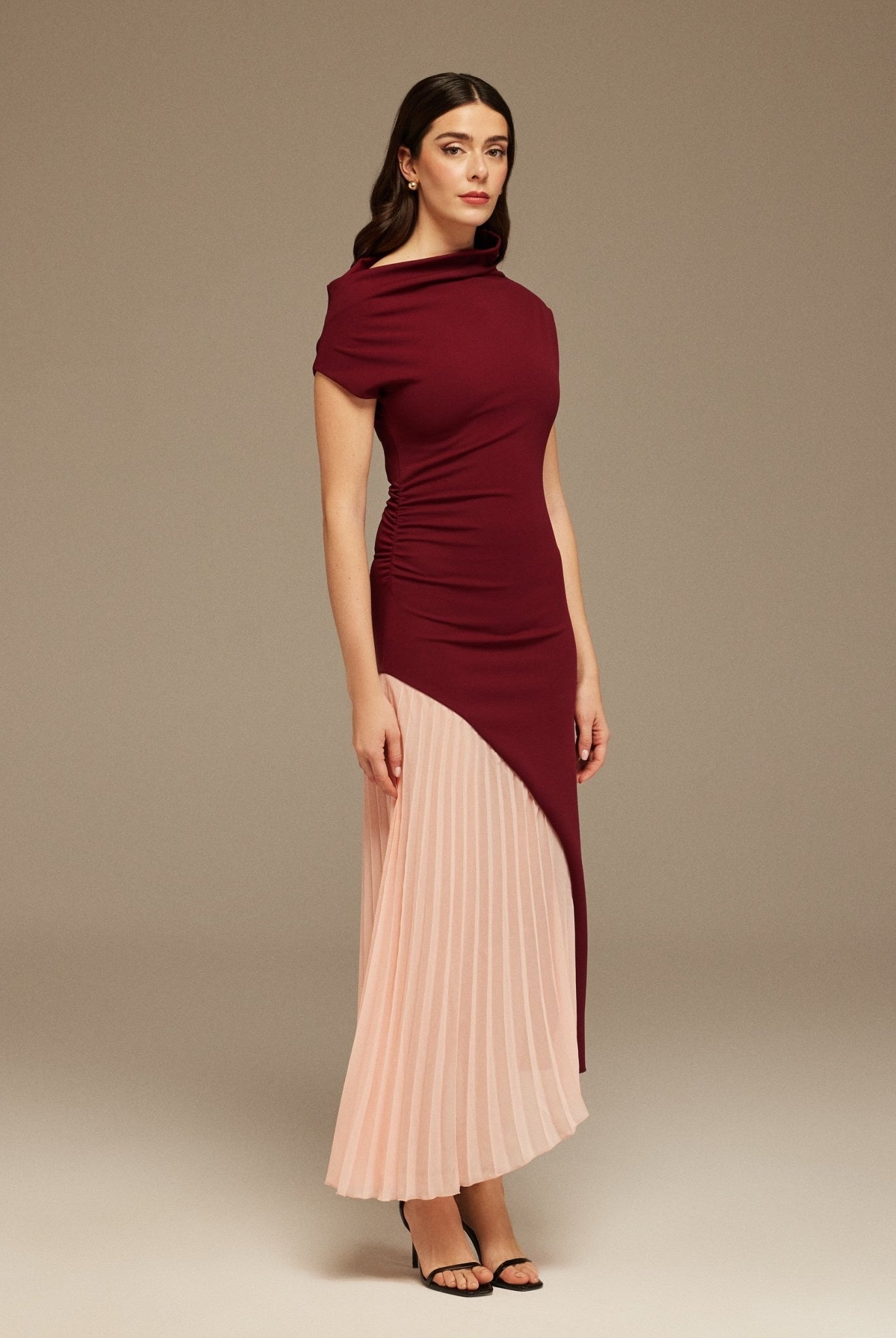 Burgundy & Pink Asymmetric Neckline Midi Dress with Pleats - shopaleena
