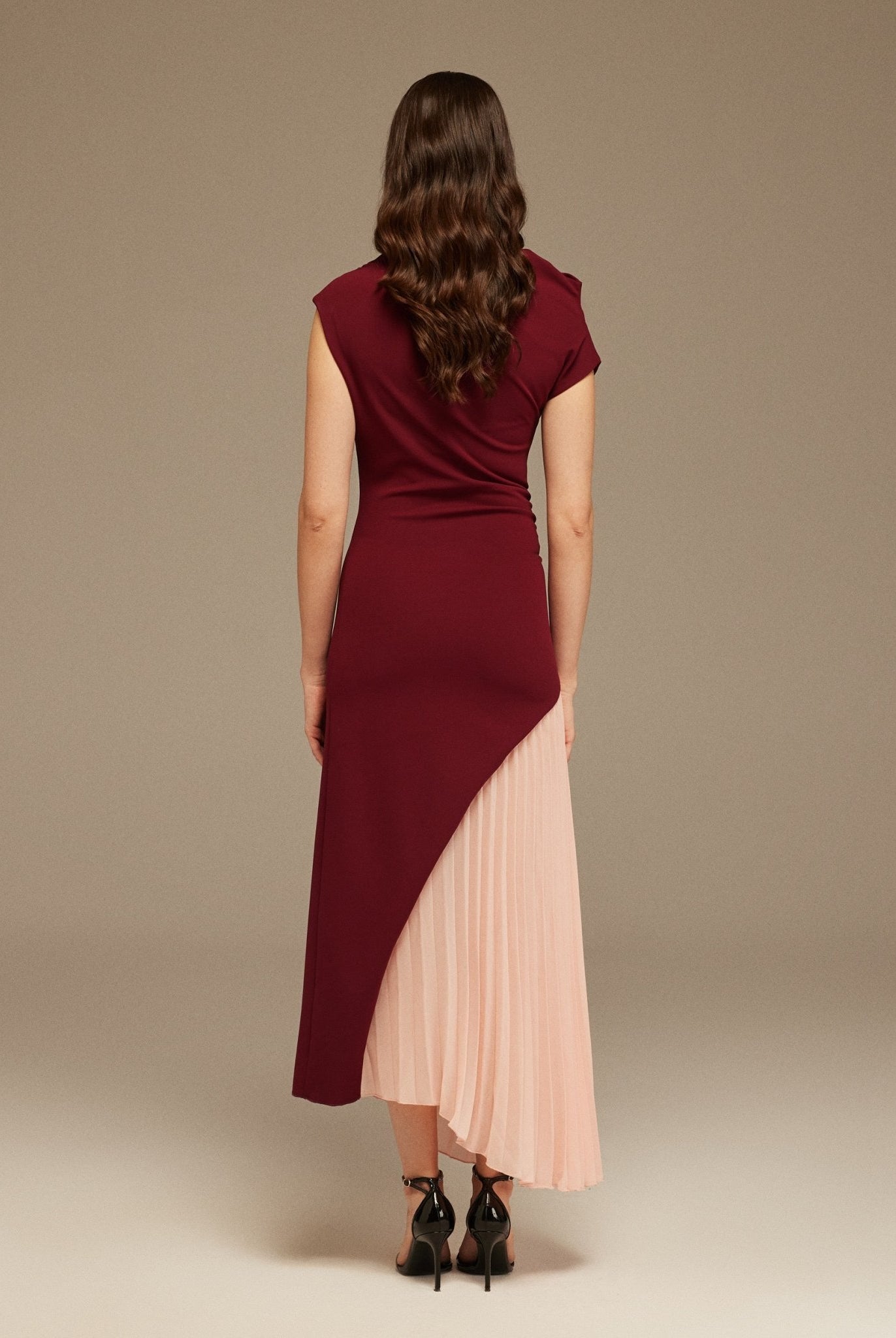 Burgundy & Pink Asymmetric Neckline Midi Dress with Pleats - shopaleena