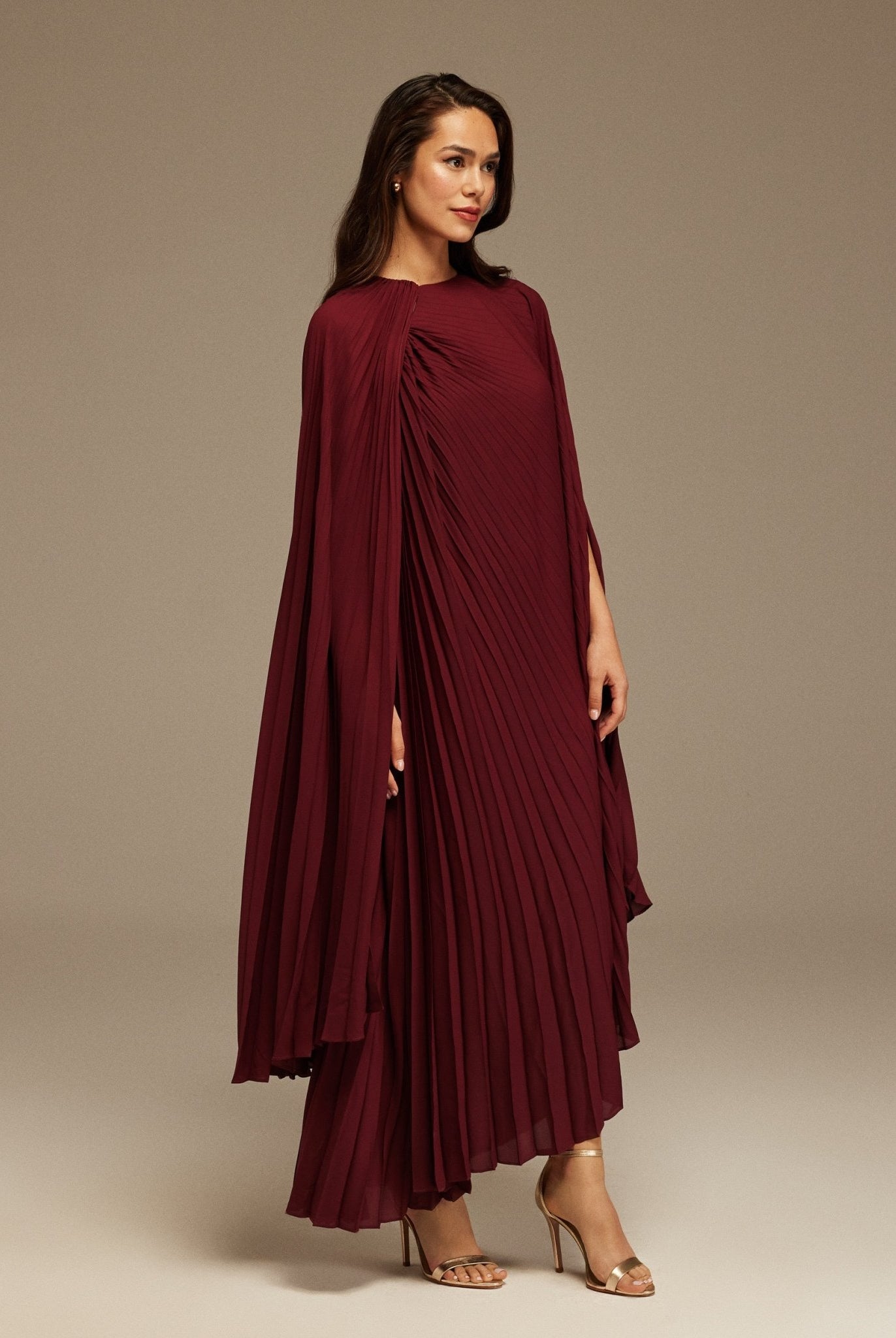 Burgundy Pleated Cape Midi Dress - shopaleena