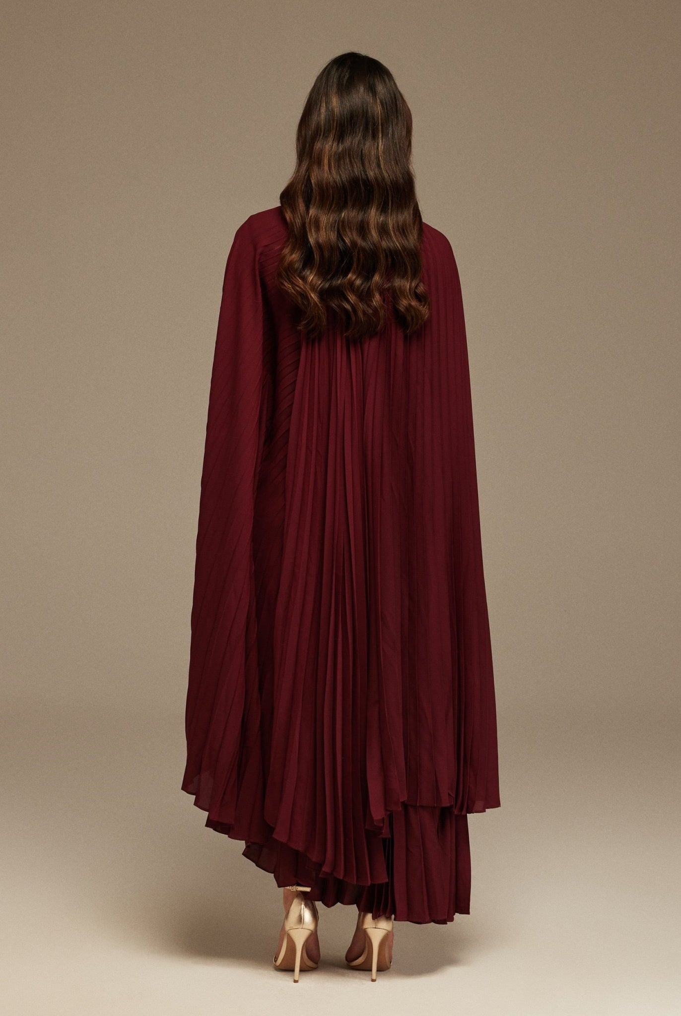 Burgundy Pleated Cape Midi Dress - shopaleena