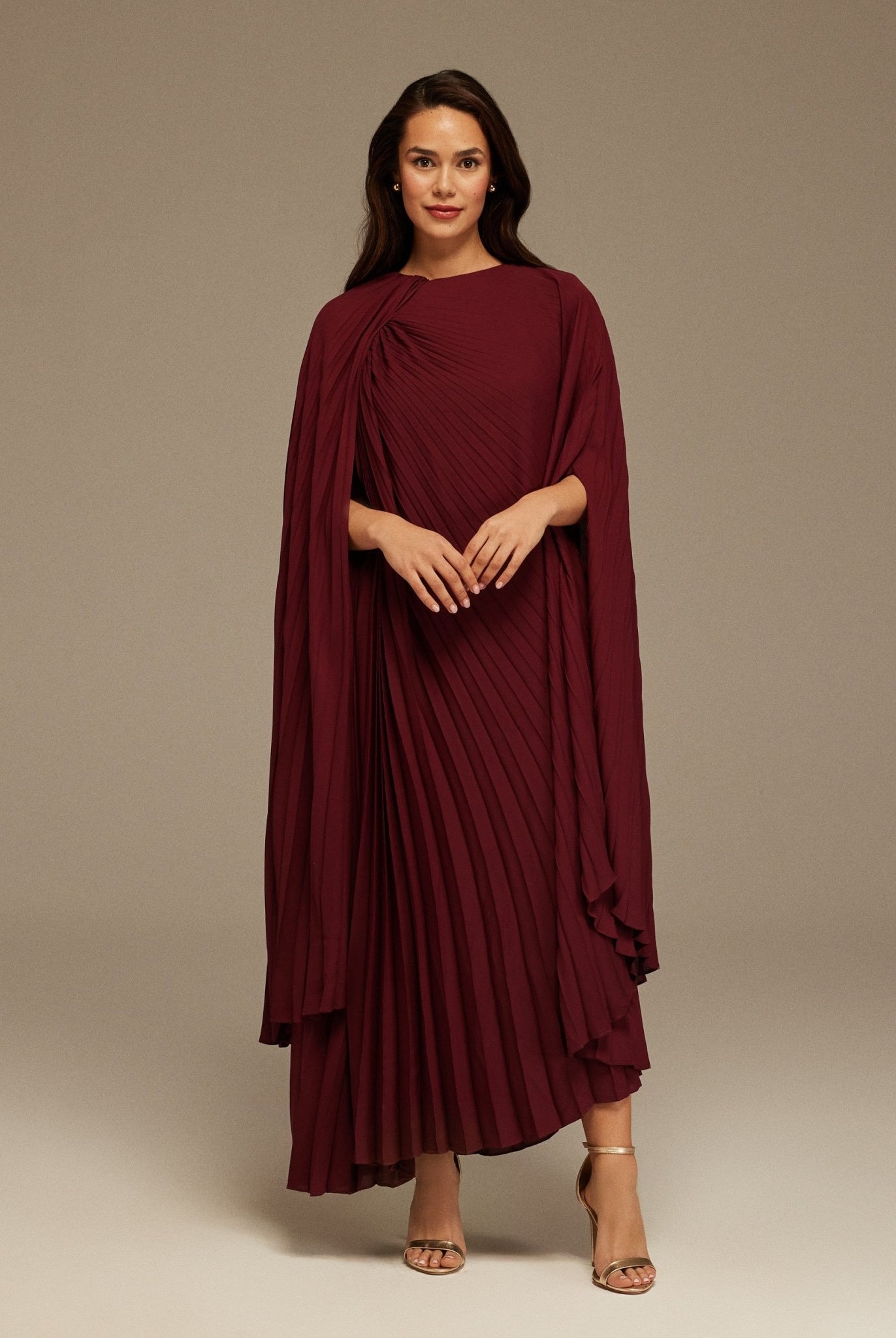 Burgundy Pleated Cape Midi Dress - shopaleena