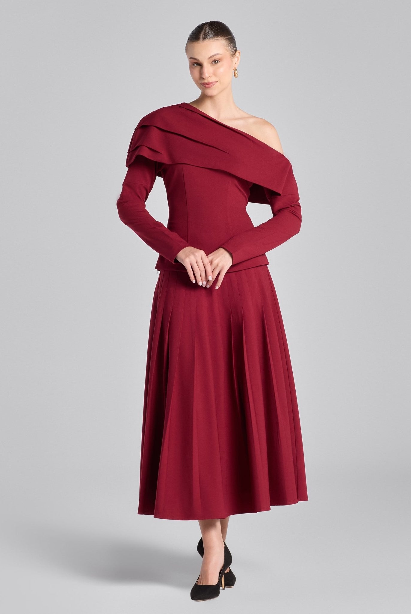 Burgundy Pleated Crepe Maxi Skirt - shopaleena