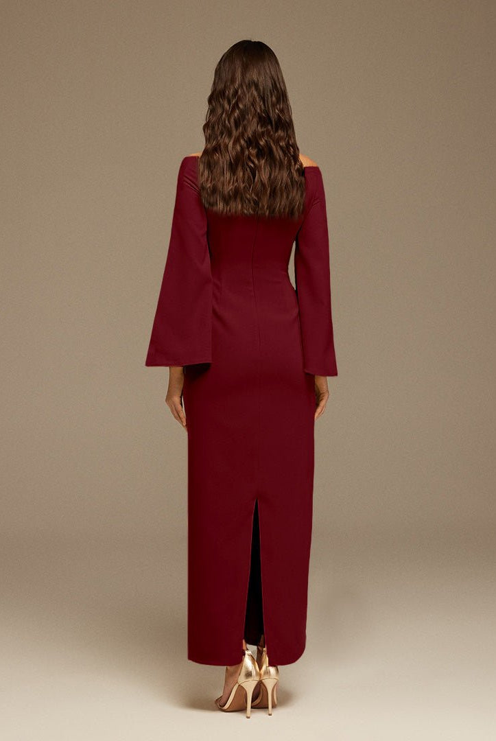 Burgundy Plum Off - Shoulder Crossover Top Midi Dress - shopaleena