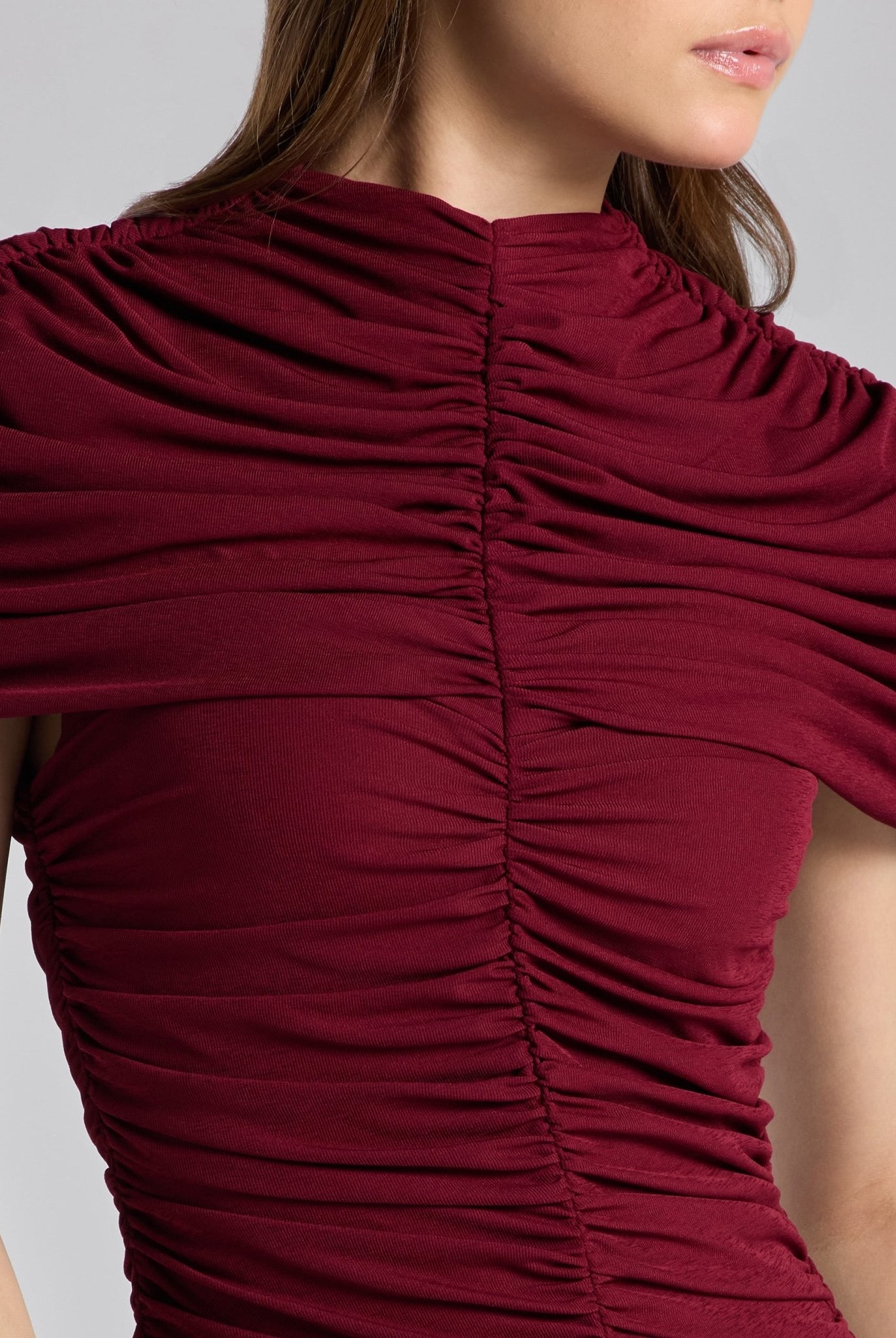 Burgundy Ruched Jersey Midi Dress - shopaleena