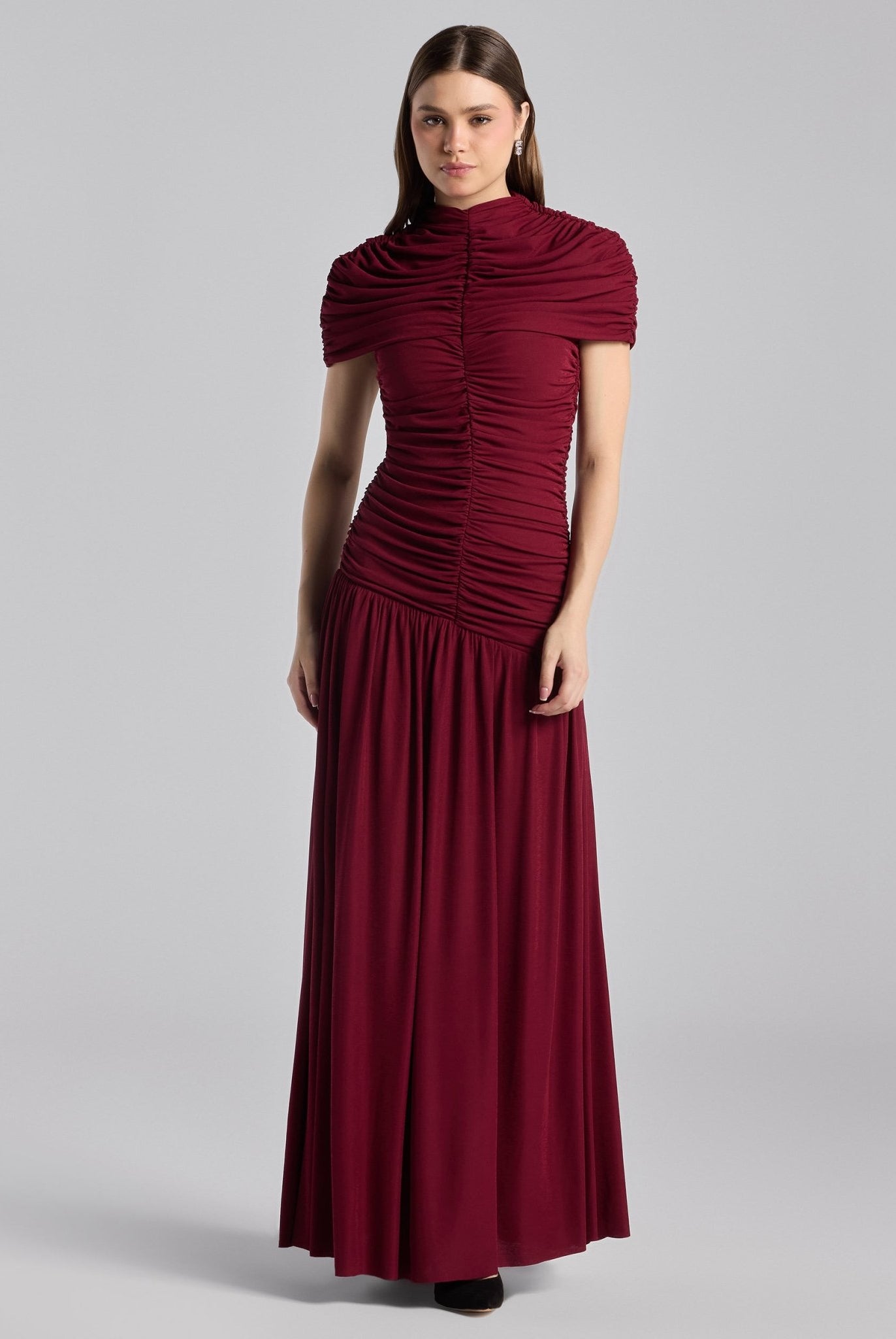 Burgundy Ruched Jersey Midi Dress - shopaleena