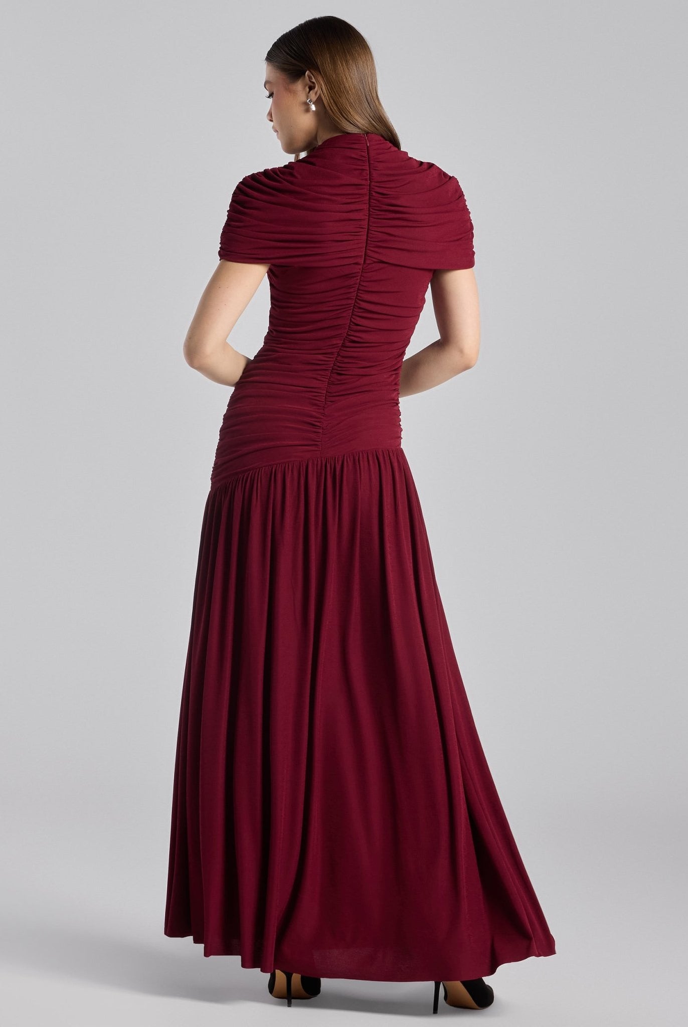 Burgundy Ruched Jersey Midi Dress - shopaleena