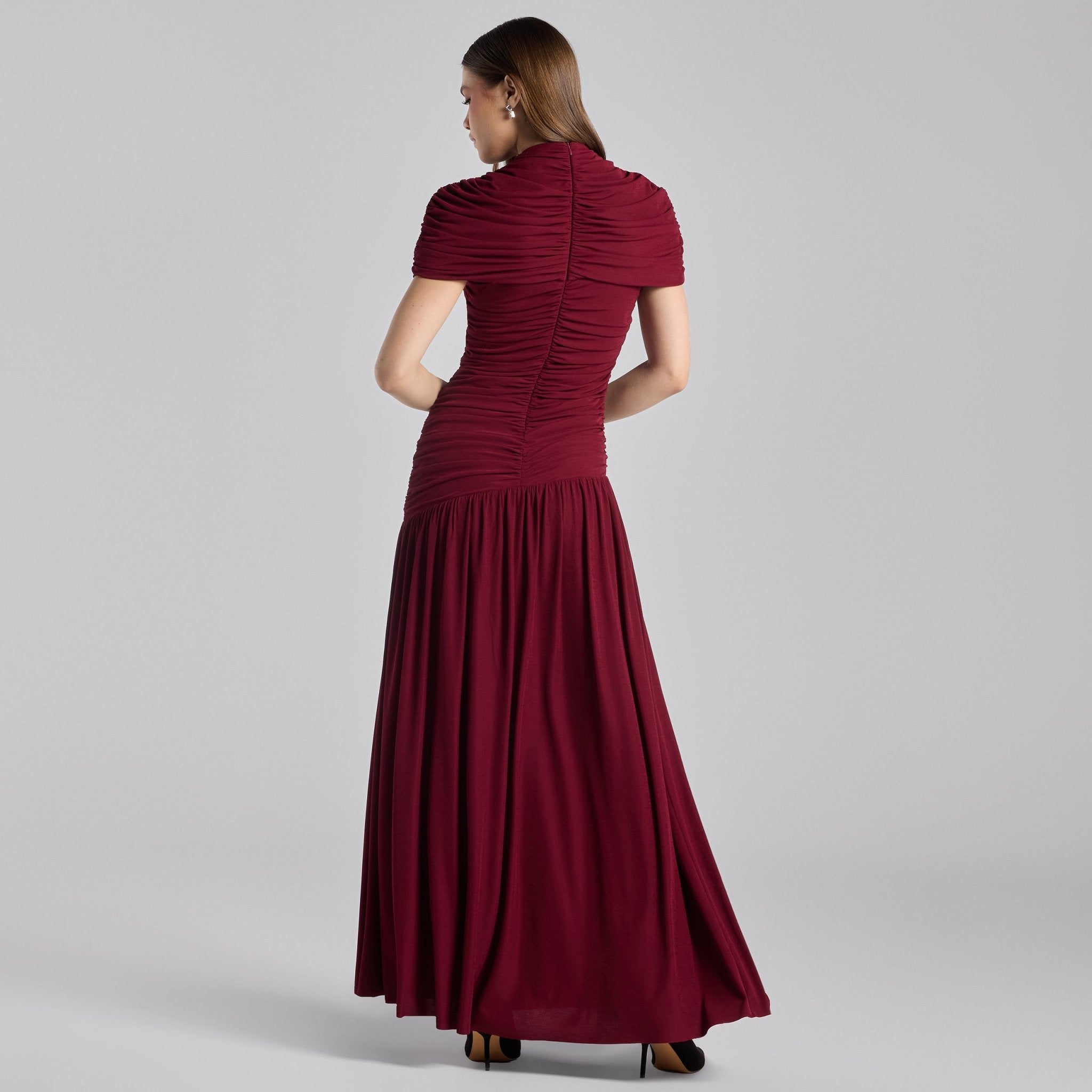 Burgundy Ruched Jersey Midi Dress - shopaleena
