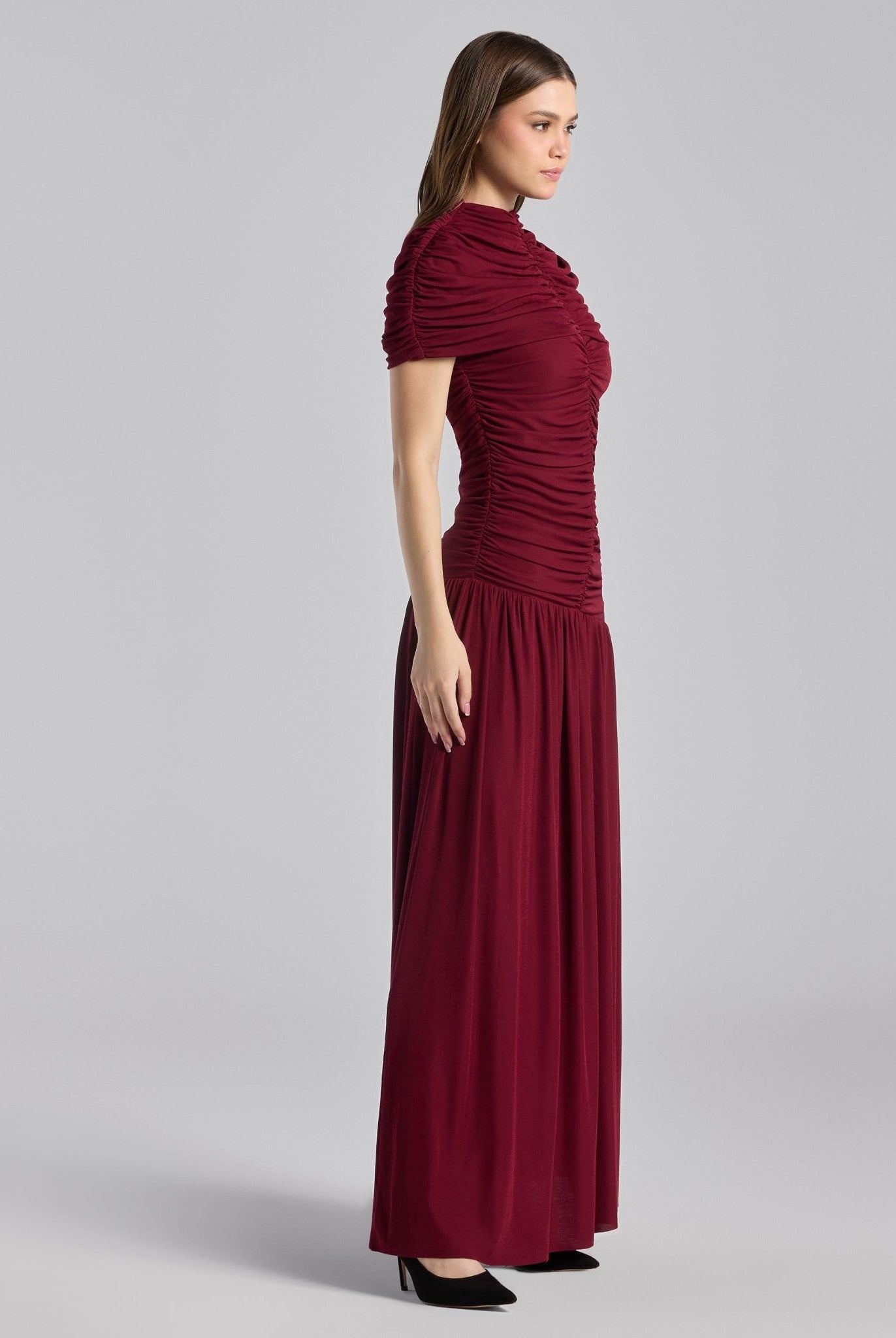 Burgundy Ruched Jersey Midi Dress - shopaleena