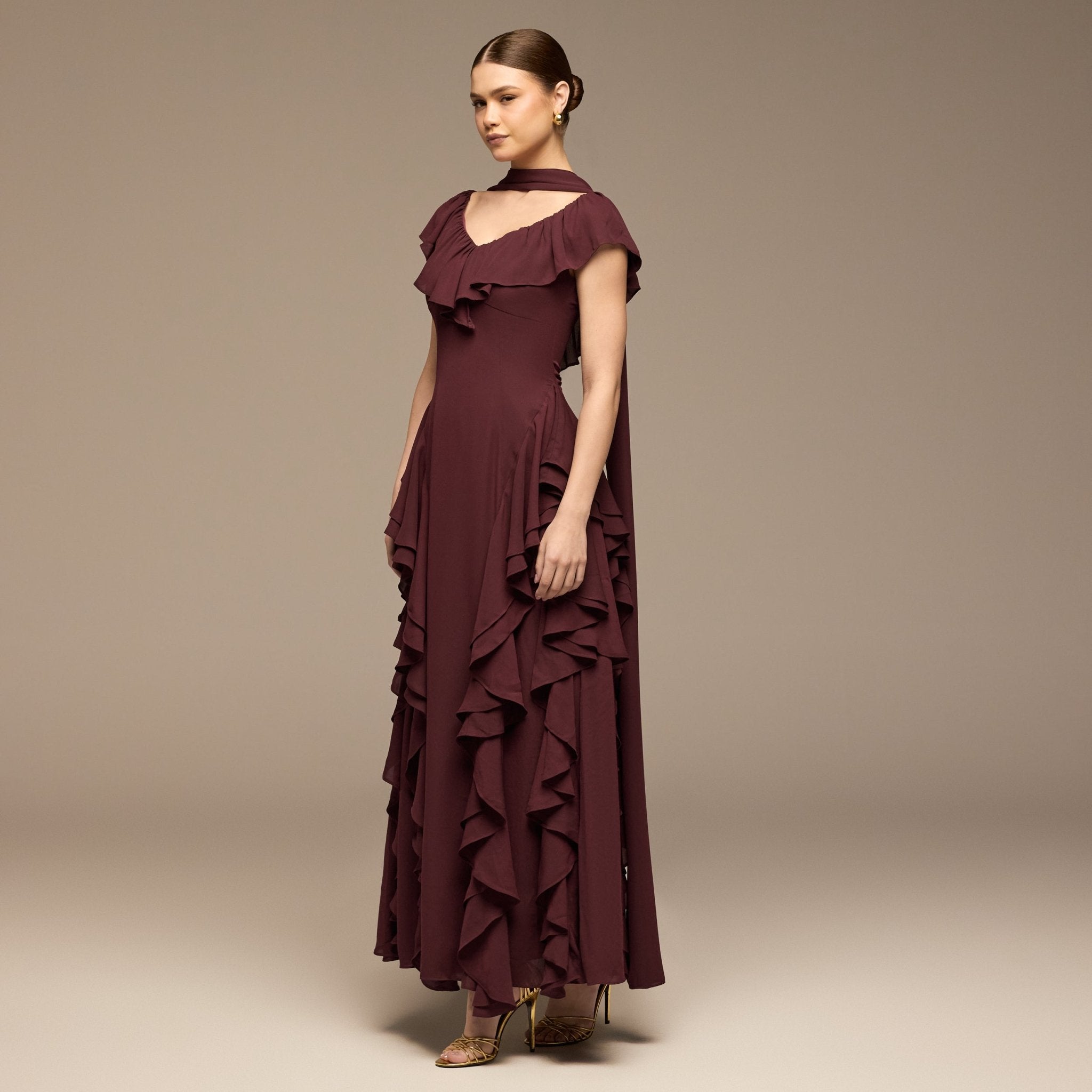 Burgundy Ruffle Chiffon Maxi Dress - shopaleena